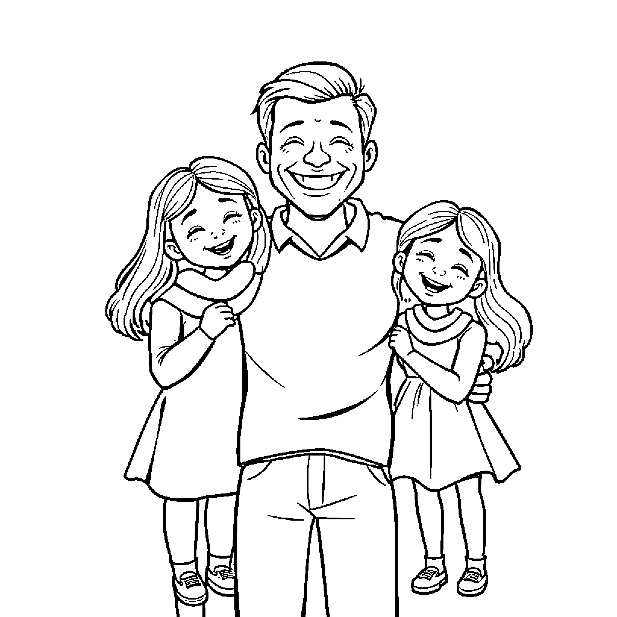 Father embracing daughters with joy and love Coloring Page (free black-and-white line drawing printable PDF for all, from beginners to advanced learners, including children, teens, adults, and seniors)