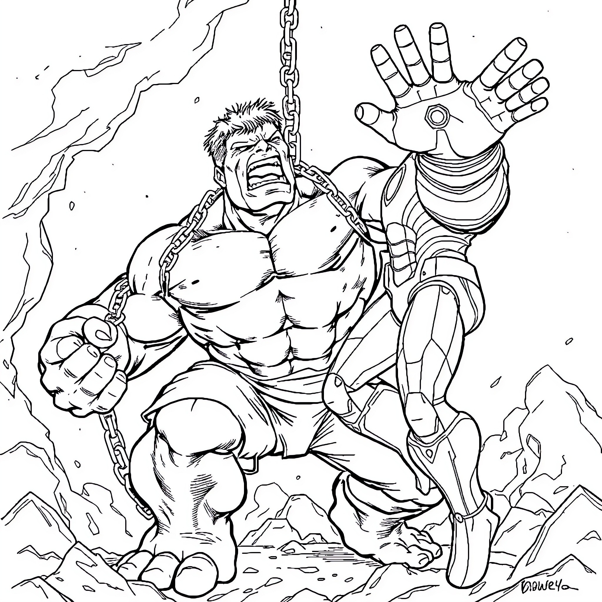 Hulk breaking chains and unleashing his power Coloring Page (free black-and-white line drawing printable PDF for all, from beginners to advanced learners, including children, teens, adults, and seniors)