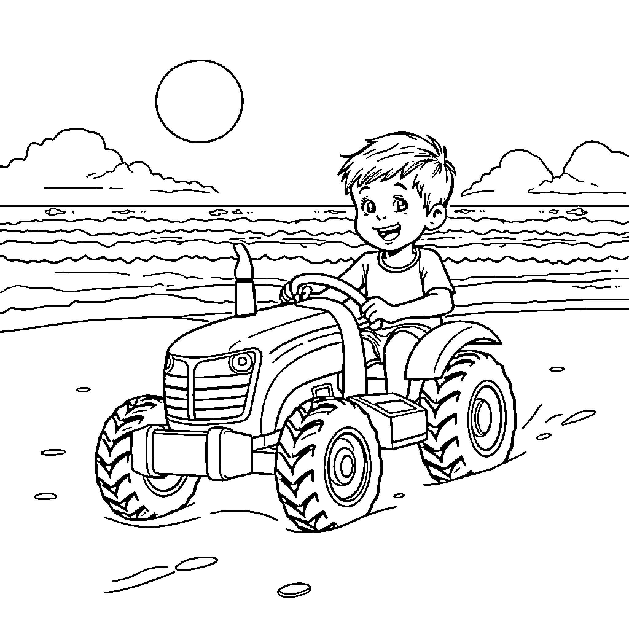 Boy driving tractor on the beach Coloring Page (free black-and-white line drawing printable PDF for all, from beginners to advanced learners, including children, teens, adults, and seniors)