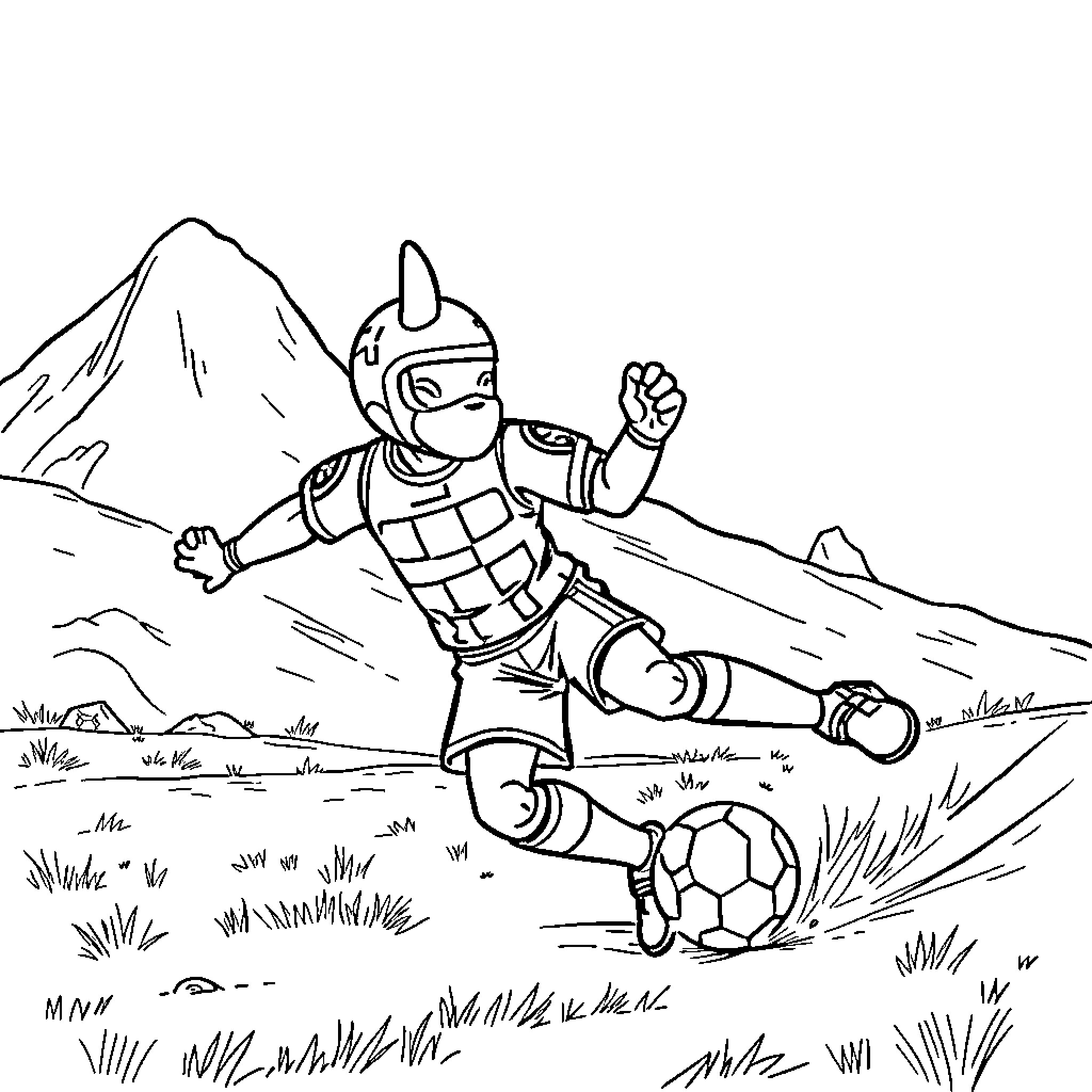 Paw Patrol character playing soccer in mountain landscape Coloring Page (free black-and-white line drawing printable PDF for all, from beginners to advanced learners, including children, teens, adults, and seniors)
