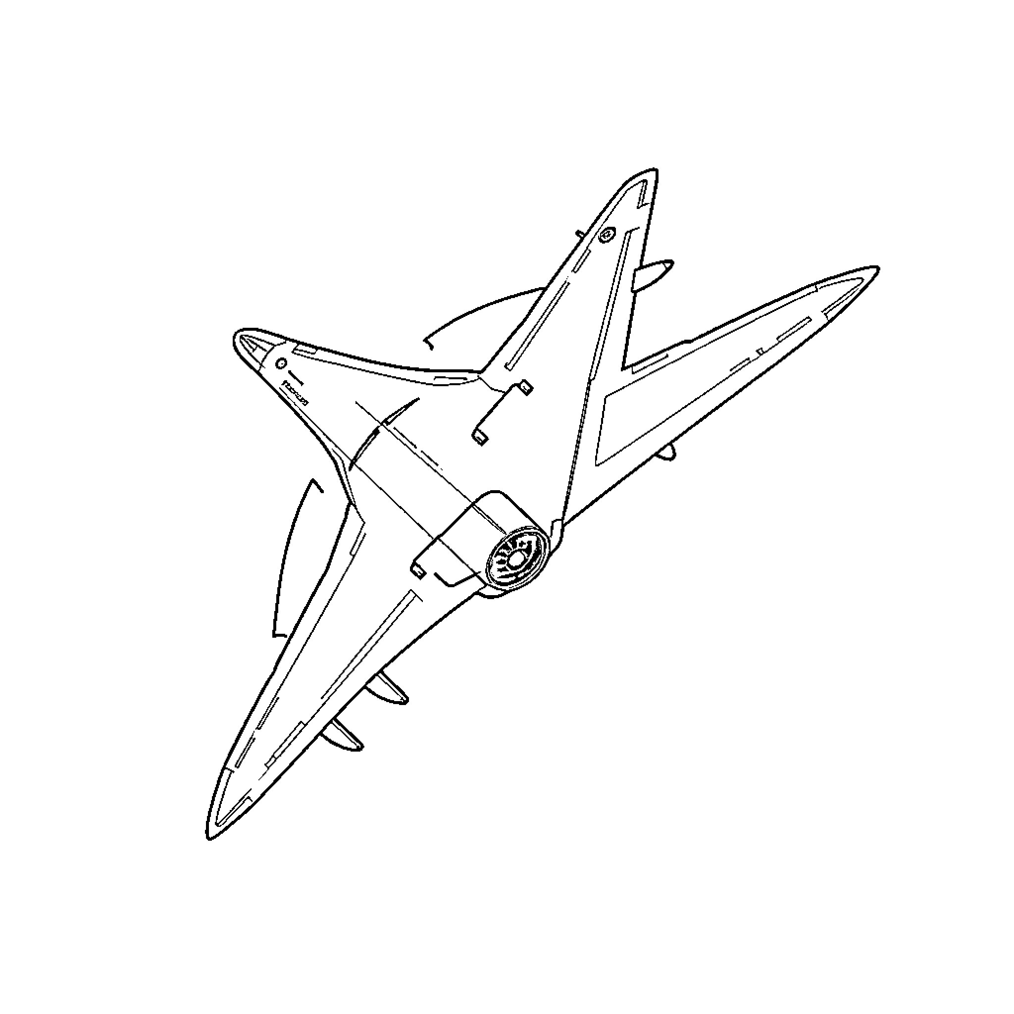 Rafale fighter jet in profile view Coloring Page (free black-and-white line drawing printable PDF for all, from beginners to advanced learners, including children, teens, adults, and seniors)