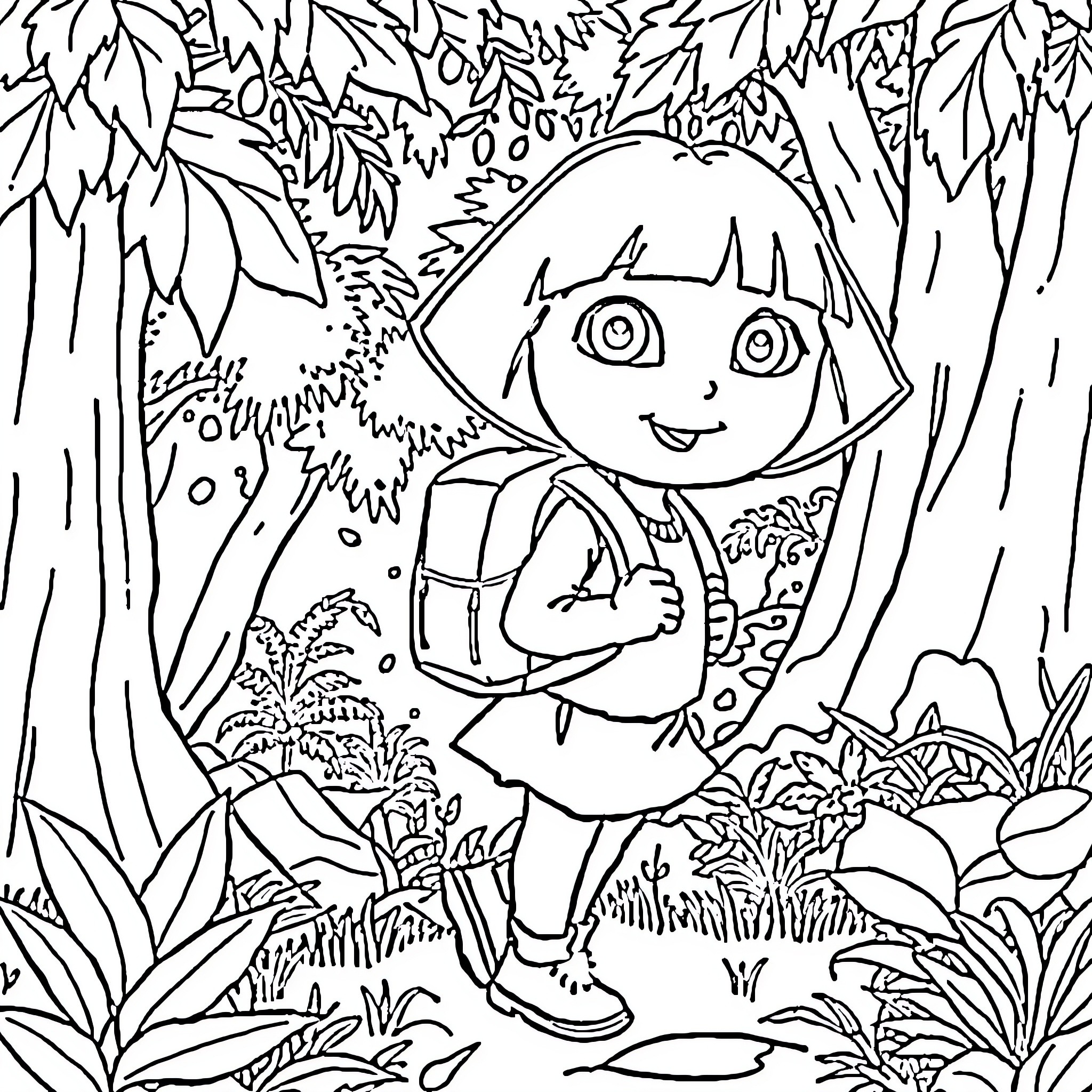 Dora's Adventure in the Lush Jungle Coloring Page (free black-and-white line drawing printable PDF for all, from beginners to advanced learners, including children, teens, adults, and seniors)
