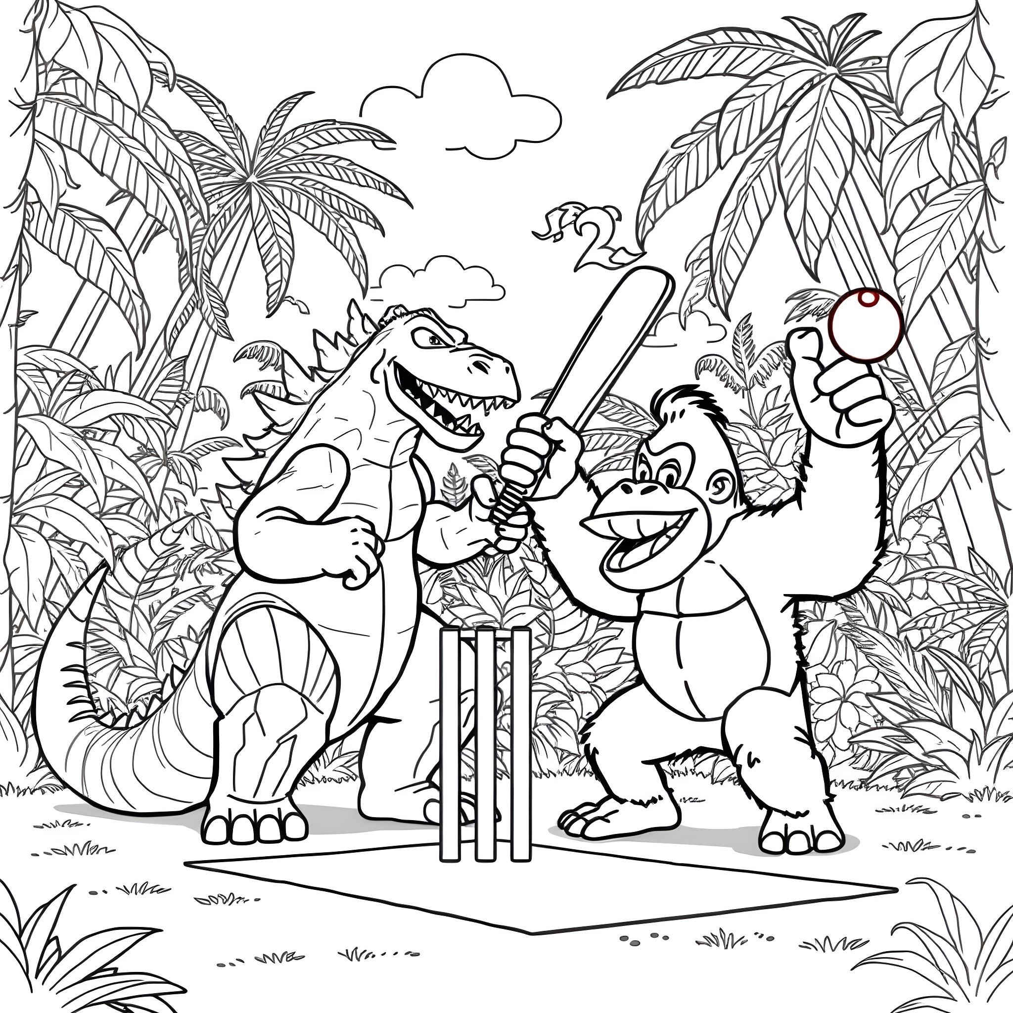 Godzilla and friends playing cricket in the jungle Coloring Page (free black-and-white line drawing printable PDF for all, from beginners to advanced learners, including children, teens, adults, and seniors)