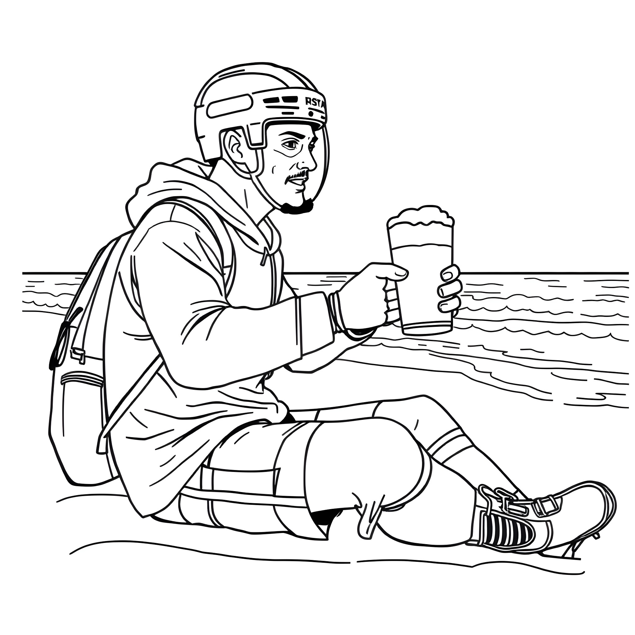 Hockey Player Enjoying a Refreshing Drink on the Rink Coloring Page (free black-and-white line drawing printable PDF for all, from beginners to advanced learners, including children, teens, adults, and seniors)