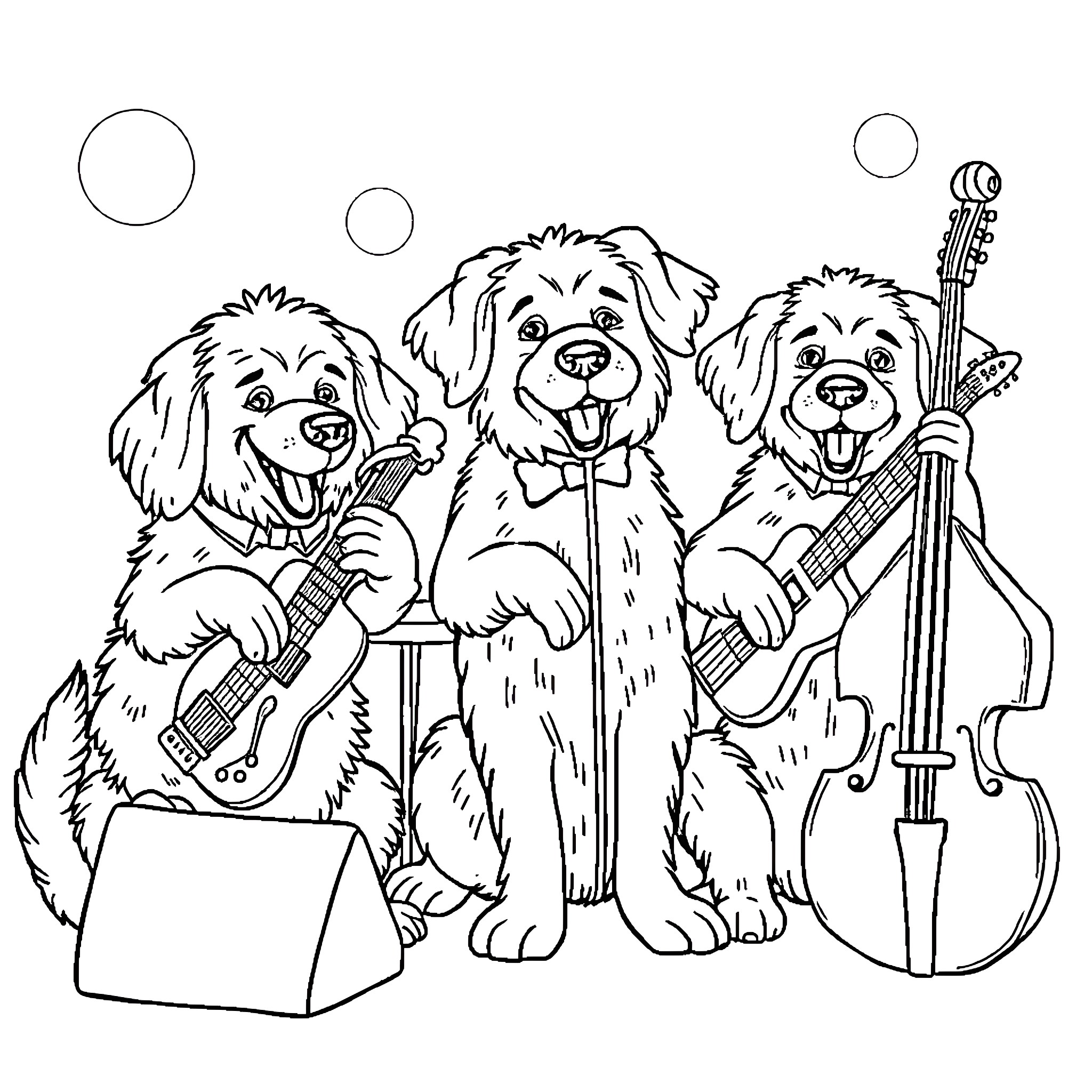 Dog Band Playing Instruments Happily Coloring Page (free black-and-white line drawing printable PDF for all, from beginners to advanced learners, including children, teens, adults, and seniors)