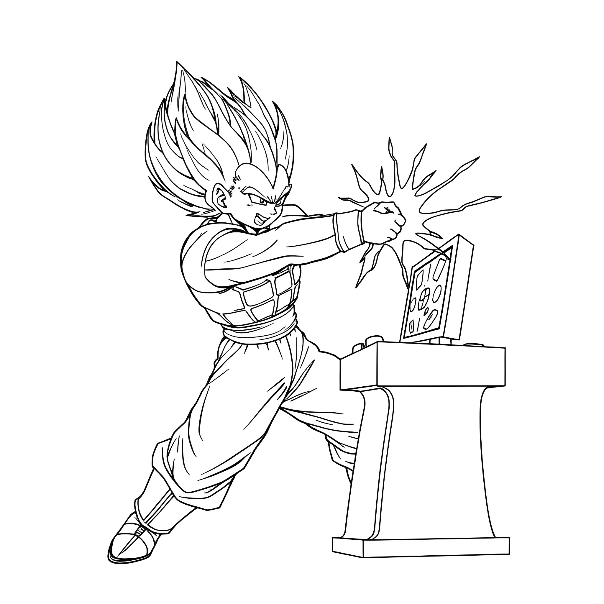 Vegeta preparing for battle with fierce determination Coloring Page (free black-and-white line drawing printable PDF for all, from beginners to advanced learners, including children, teens, adults, and seniors)