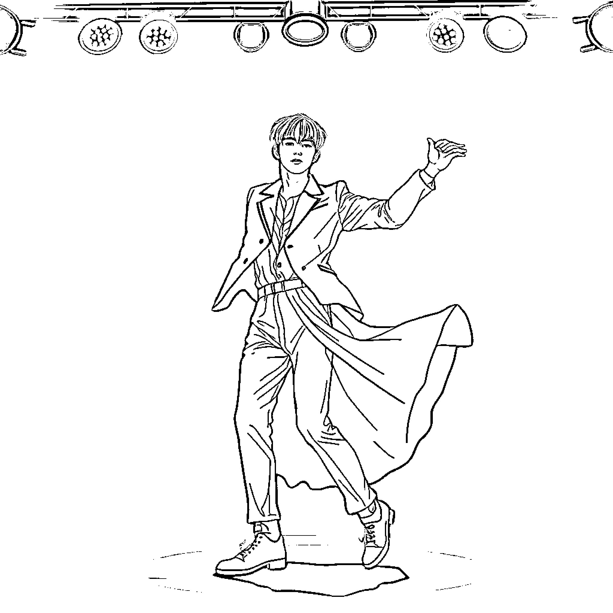 Jimin performing on stage with expressive movements Coloring Page (free black-and-white line drawing printable PDF for all, from beginners to advanced learners, including children, teens, adults, and seniors)