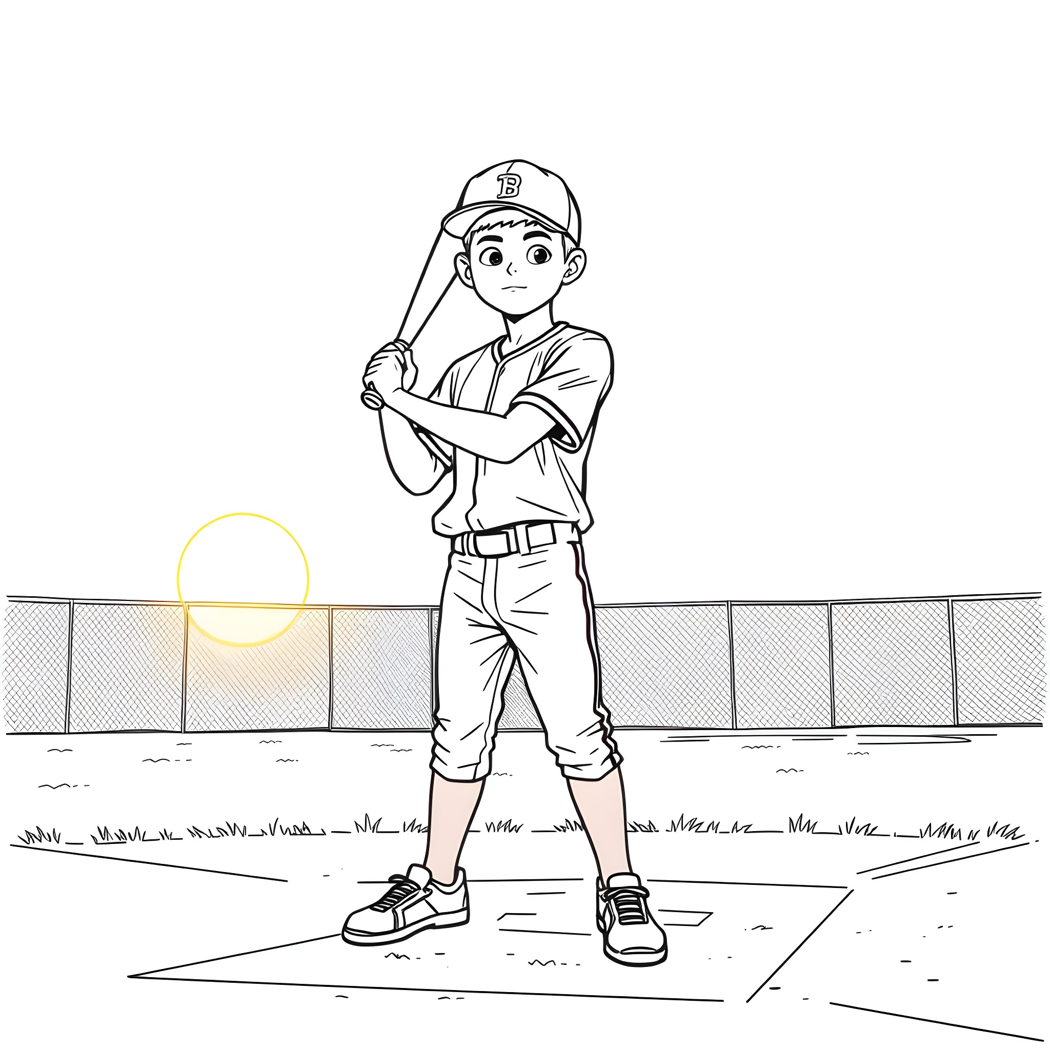 Teen Boy Baseball Player on the Field Coloring Page (free black-and-white line drawing printable PDF for all, from beginners to advanced learners, including children, teens, adults, and seniors)
