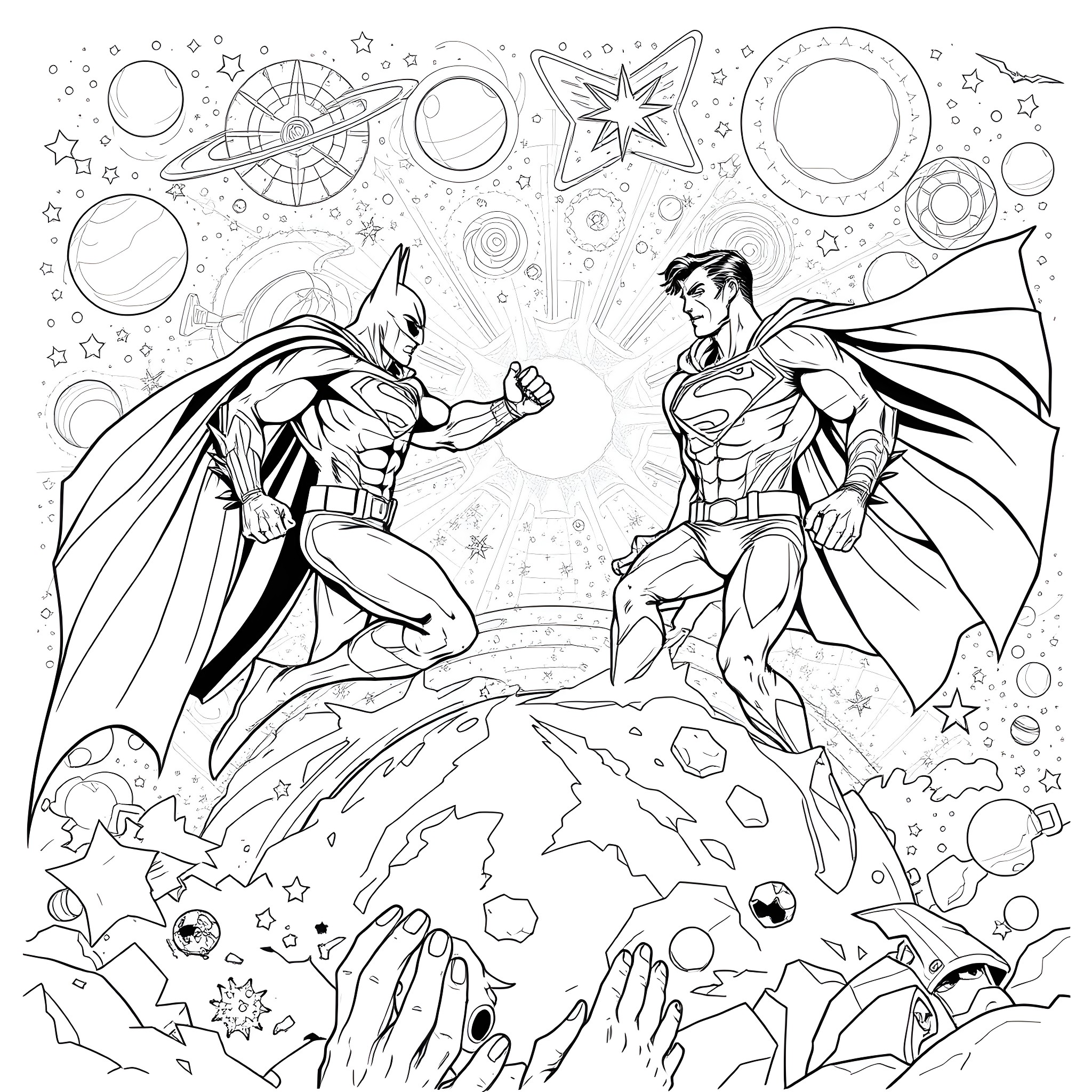 Batman and Superman clash in an epic battle among the stars Coloring Page (free black-and-white line drawing printable PDF for all, from beginners to advanced learners, including children, teens, adults, and seniors)