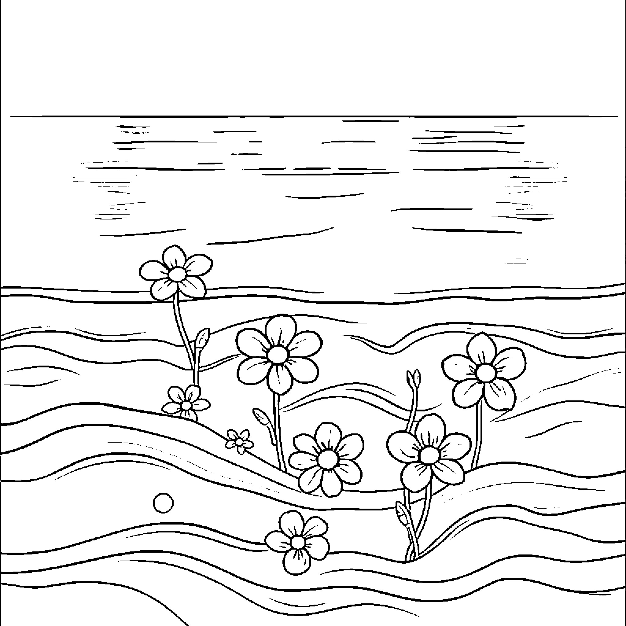 Flower garden scene with blooming flowers Coloring Page (free black-and-white line drawing printable PDF for all, from beginners to advanced learners, including children, teens, adults, and seniors)