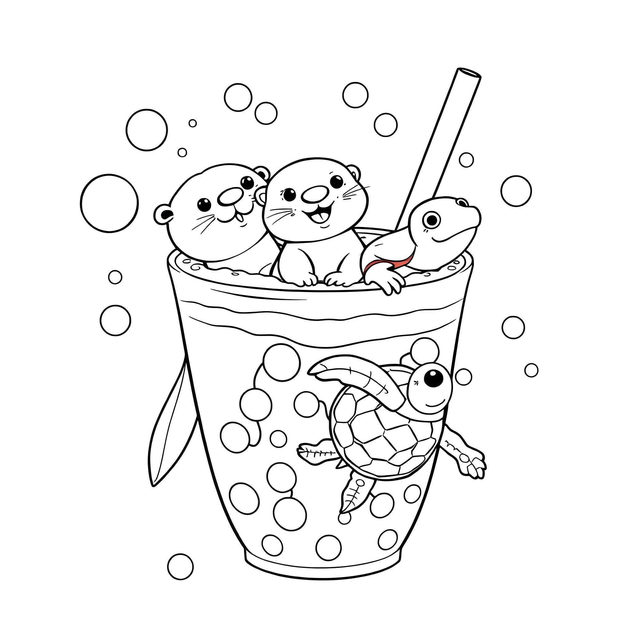 Otter friends playing in a bubble bath Coloring Page (free black-and-white line drawing printable PDF for all, from beginners to advanced learners, including children, teens, adults, and seniors)