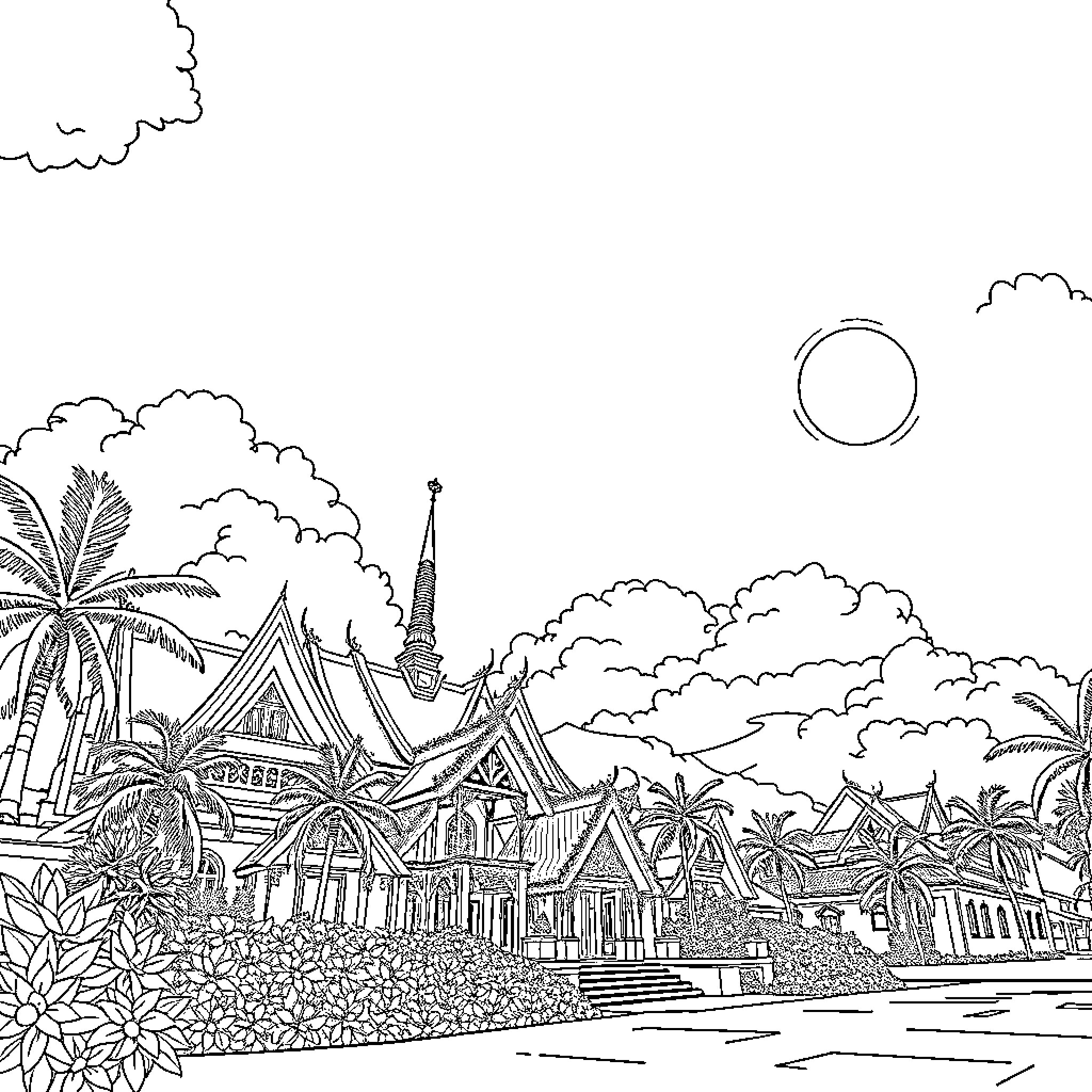 Weather Scenic View of Thai Palace and Landscape Coloring Page (free black-and-white line drawing printable PDF for all, from beginners to advanced learners, including children, teens, adults, and seniors)