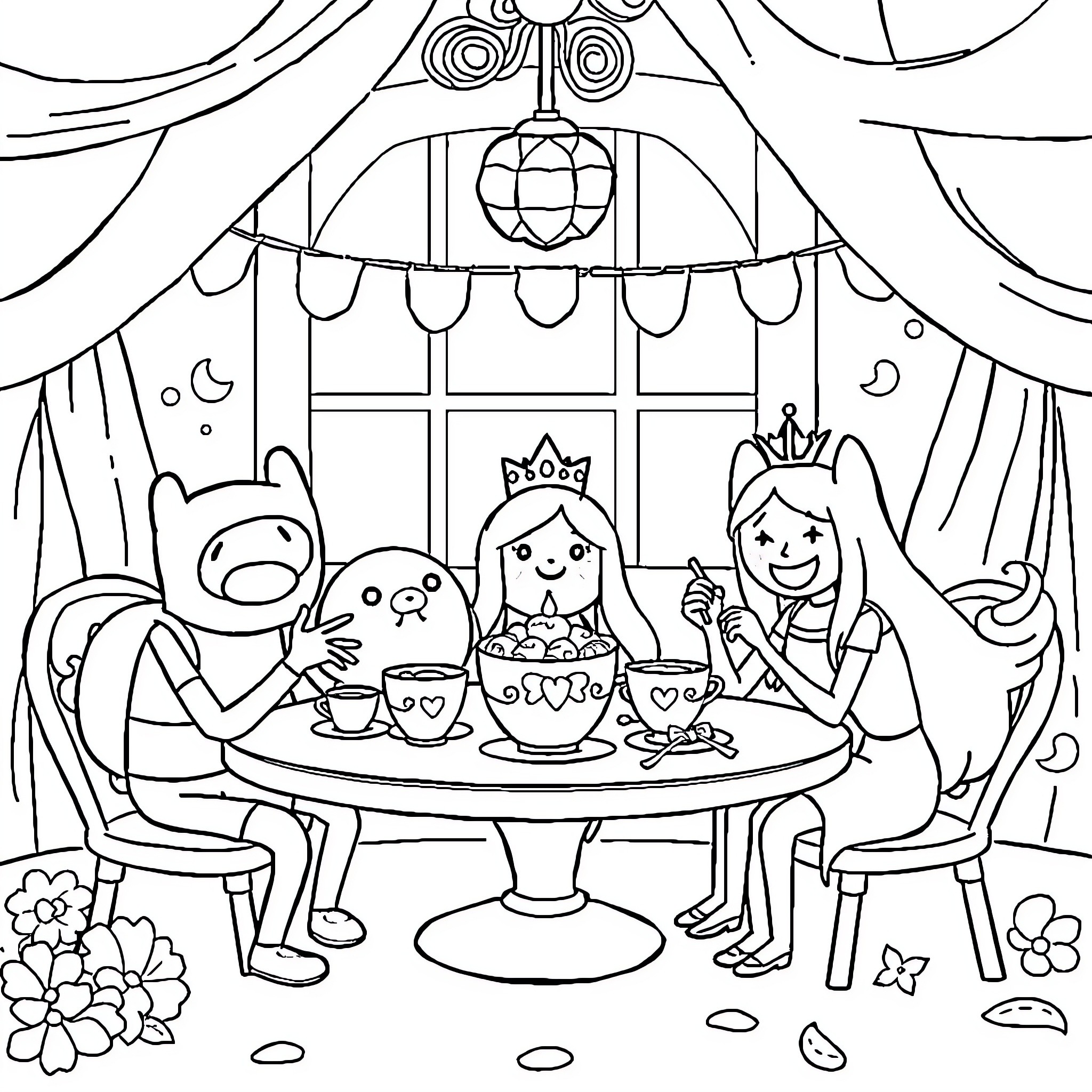 Adventure Time at the Enchanted Tea Party Coloring Page (free black-and-white line drawing printable PDF for all, from beginners to advanced learners, including children, teens, adults, and seniors)