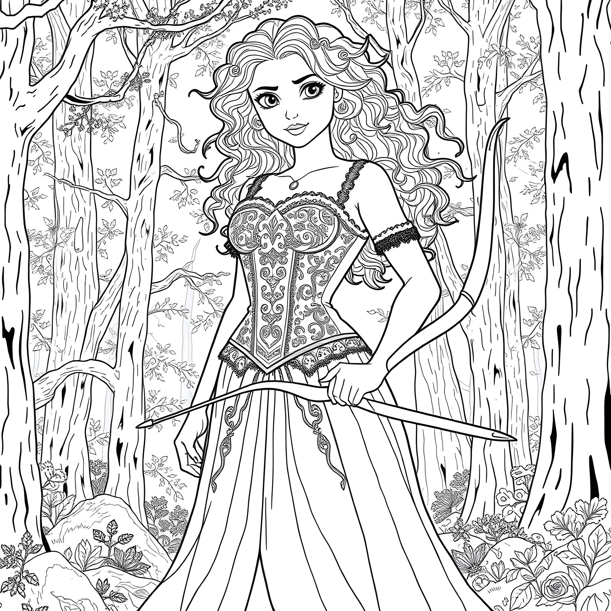 Merida, the Brave Princess in the Enchanted Forest Coloring Page (free black-and-white line drawing printable PDF for all, from beginners to advanced learners, including children, teens, adults, and seniors)