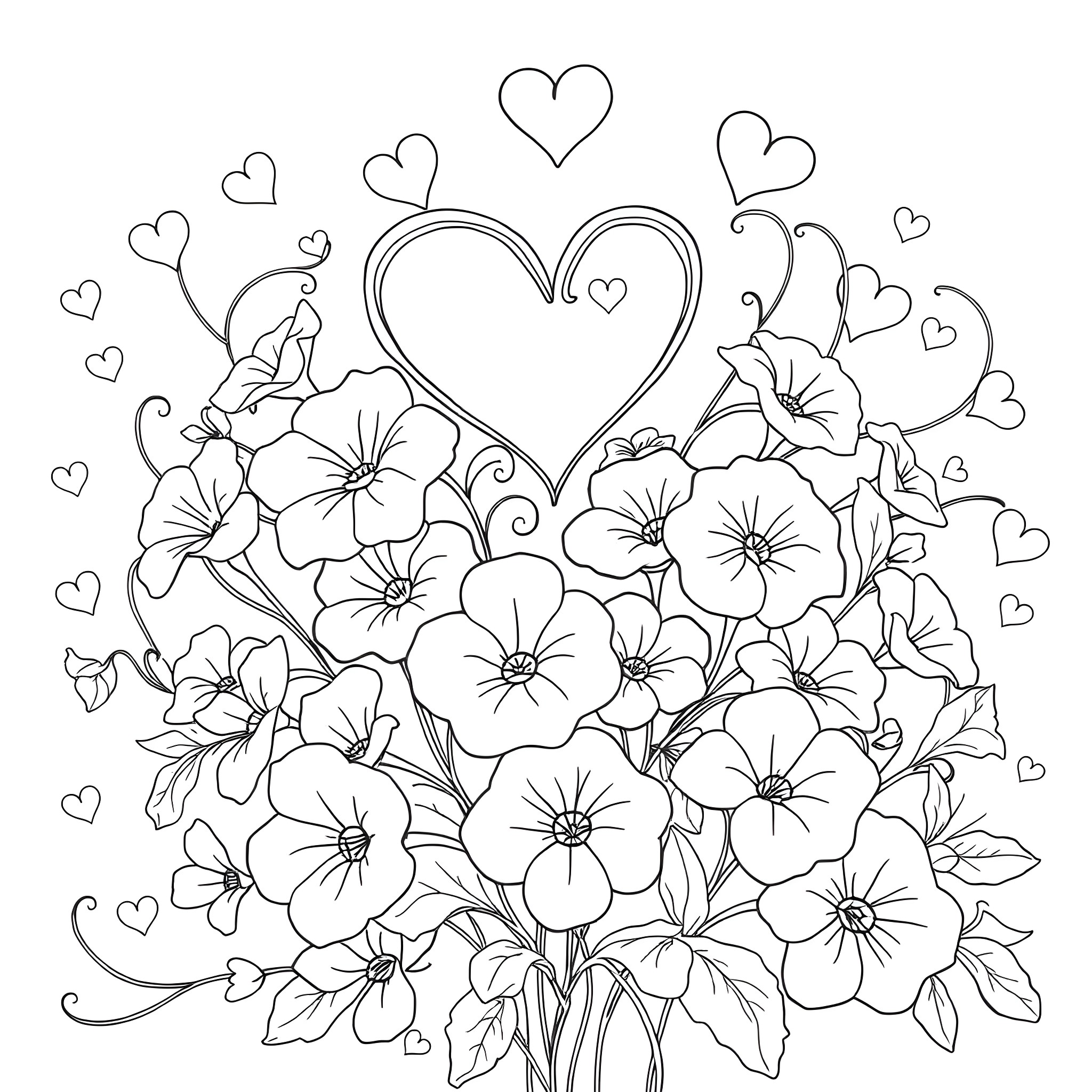 Petunia flowers blooming with hearts Coloring Page (free black-and-white line drawing printable PDF for all, from beginners to advanced learners, including children, teens, adults, and seniors)