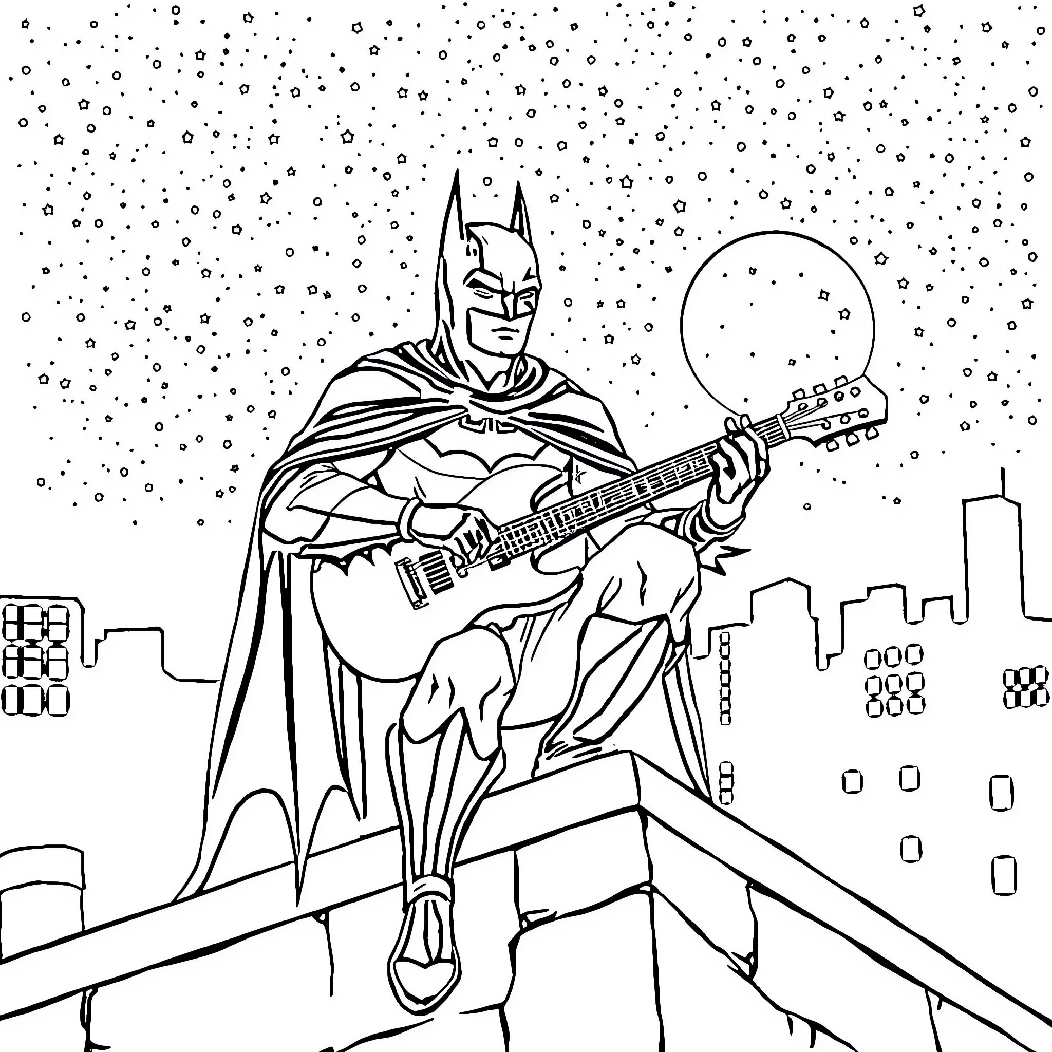 Batman playing guitar on the rooftops of Gotham Coloring Page (free black-and-white line drawing printable PDF for all, from beginners to advanced learners, including children, teens, adults, and seniors)