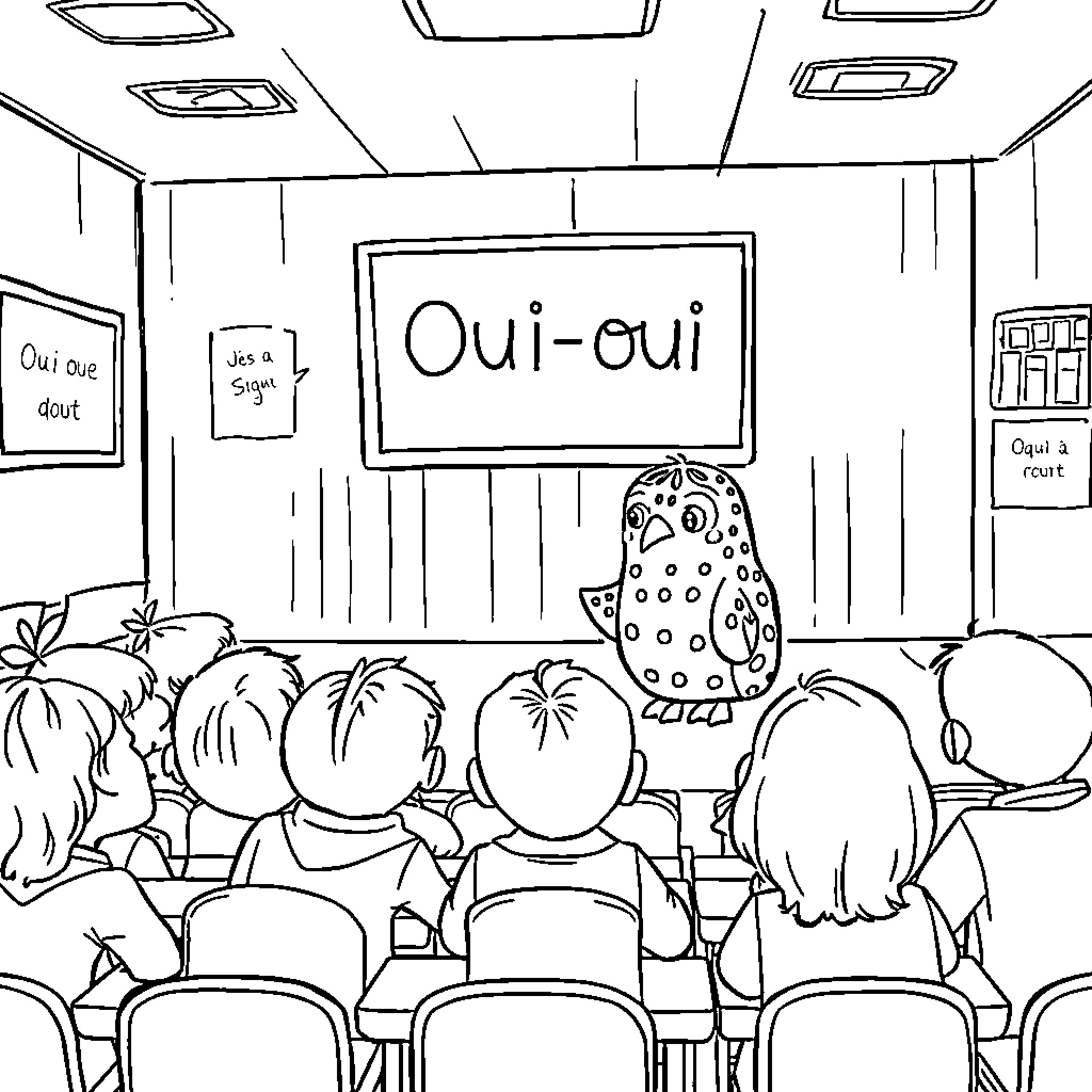 Oui-oui students attending a presentation Coloring Page (free black-and-white line drawing printable PDF for all, from beginners to advanced learners, including children, teens, adults, and seniors)