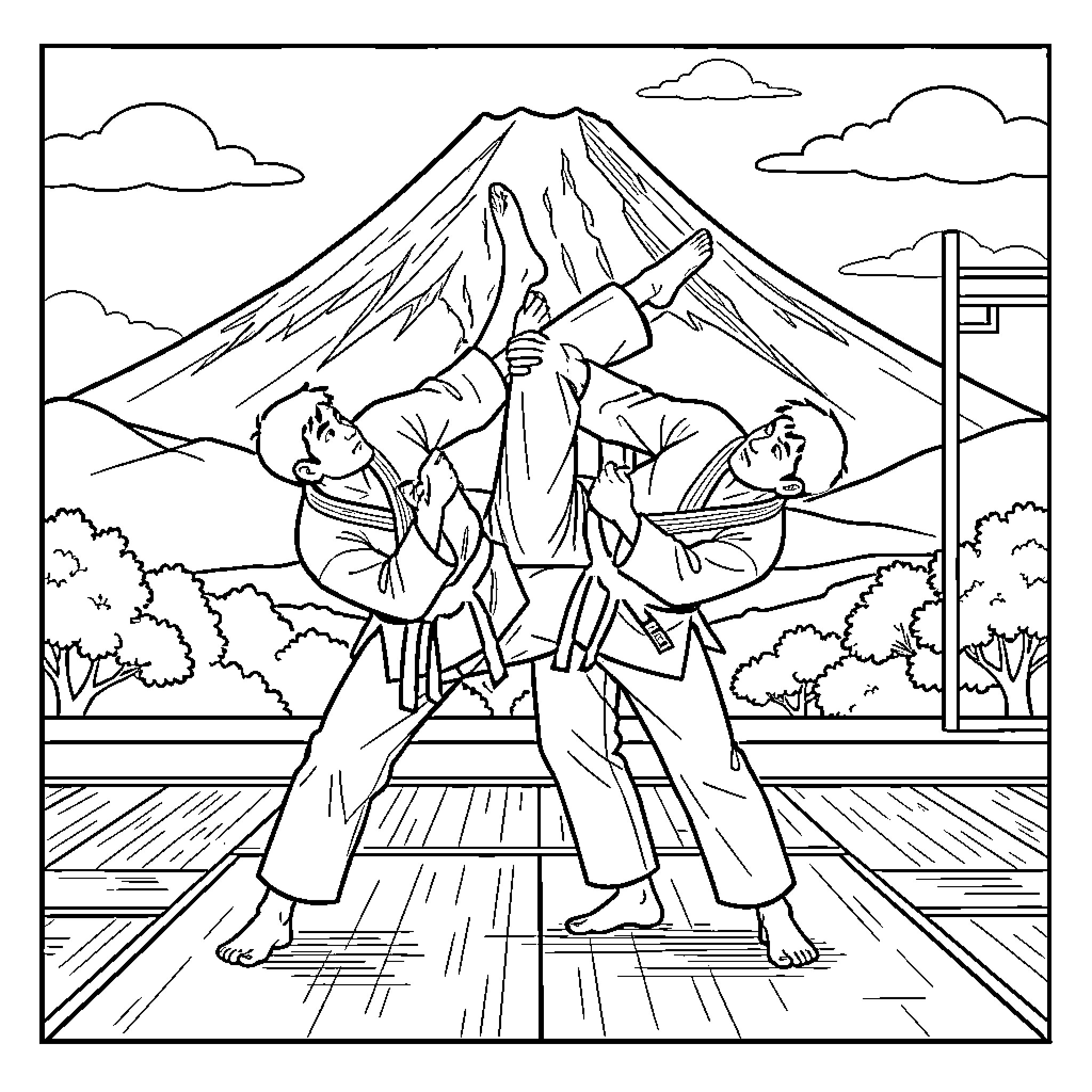 Judoka performing a powerful throw during a match Coloring Page (free black-and-white line drawing printable PDF for all, from beginners to advanced learners, including children, teens, adults, and seniors)