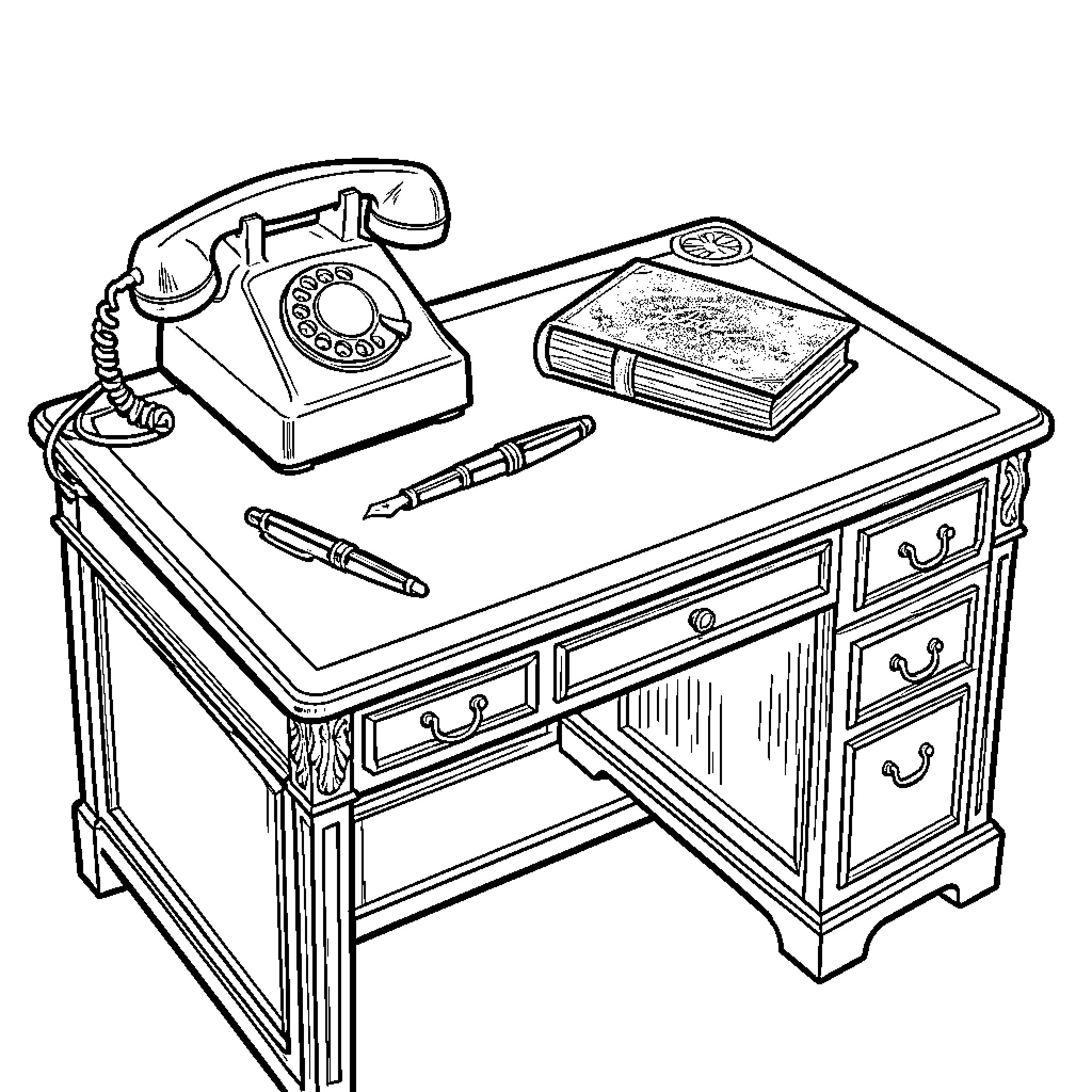 Desk with Classic Telephone and Office Supplies Coloring Page (free black-and-white line drawing printable PDF for all, from beginners to advanced learners, including children, teens, adults, and seniors)