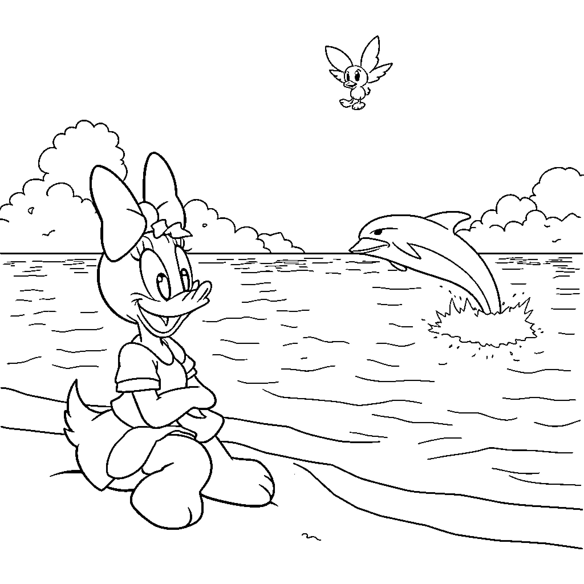 Daisy Duck enjoys a day at the beach with dolphins Coloring Page (free black-and-white line drawing printable PDF for all, from beginners to advanced learners, including children, teens, adults, and seniors)