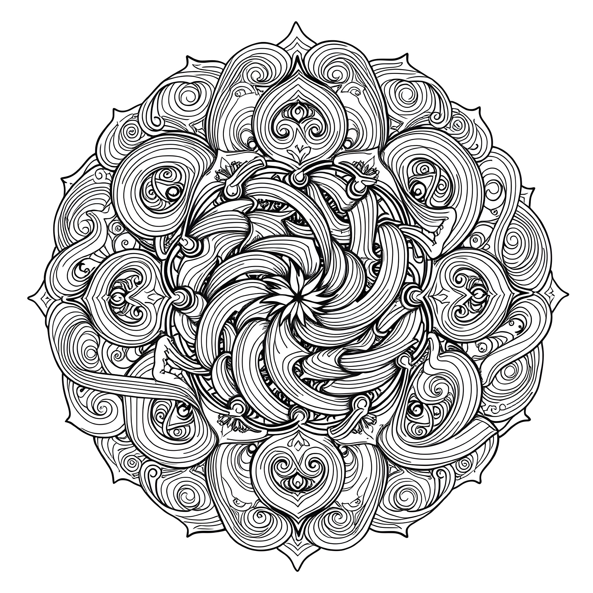 Pattern of intricate swirling shapes and lines Coloring Page (free black-and-white line drawing printable PDF for all, from beginners to advanced learners, including children, teens, adults, and seniors)