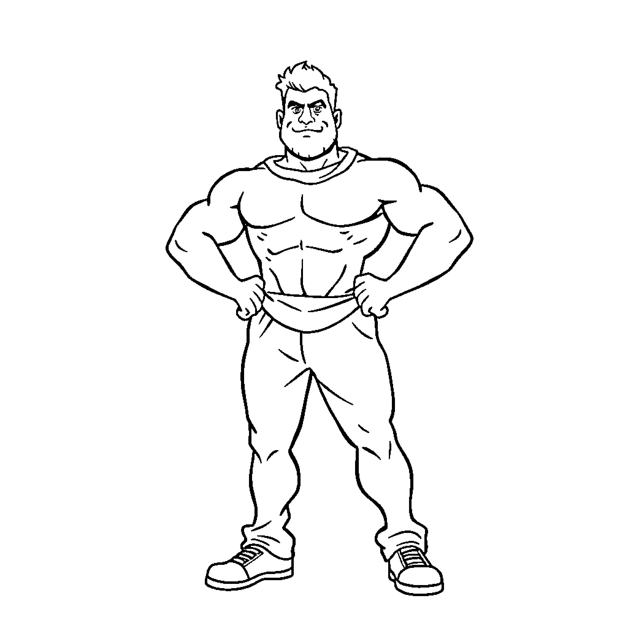 Sigma Muscular Man Posing with Confidence Coloring Page (free black-and-white line drawing printable PDF for all, from beginners to advanced learners, including children, teens, adults, and seniors)