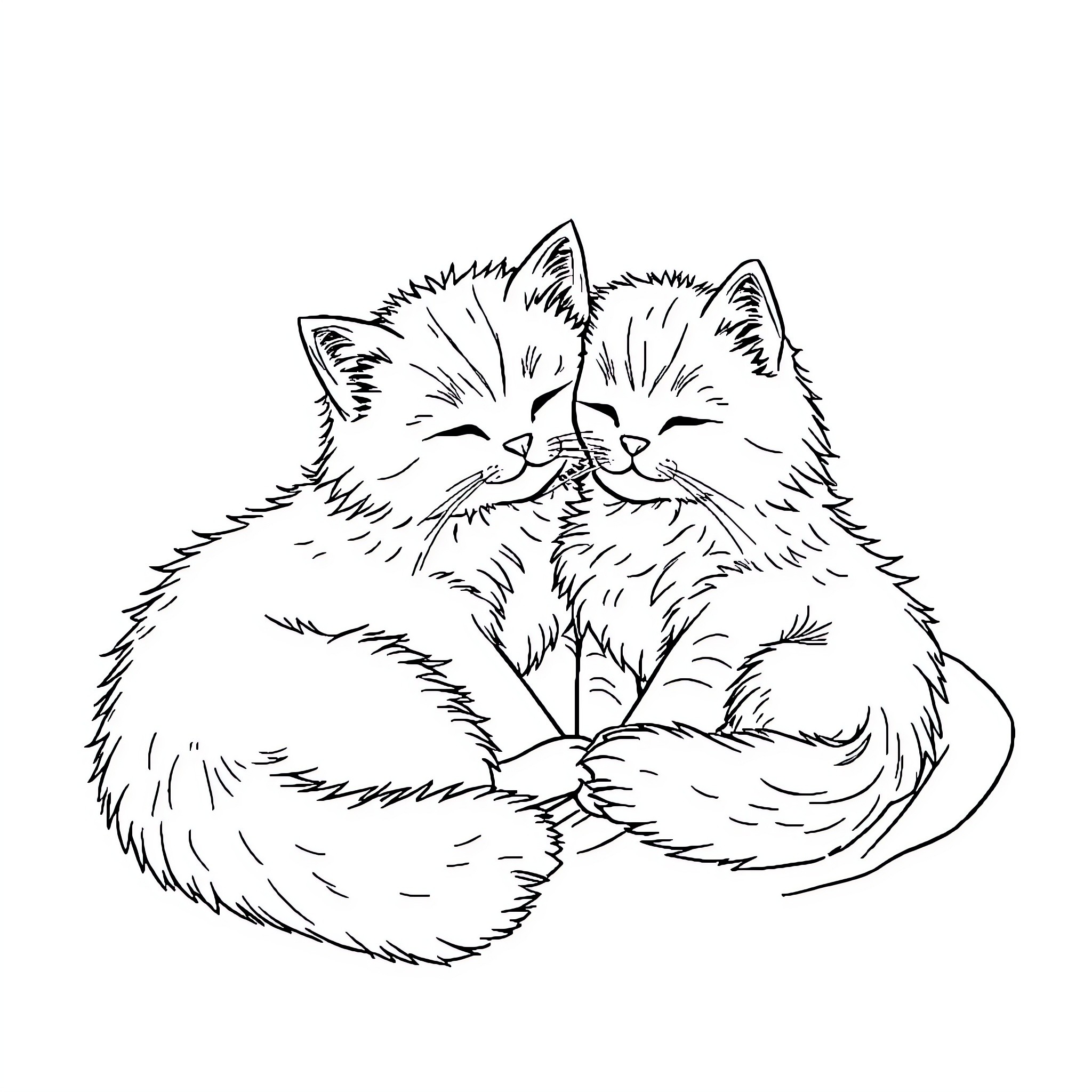 Cat cuddling affectionately with another cat Coloring Page (free black-and-white line drawing printable PDF for all, from beginners to advanced learners, including children, teens, adults, and seniors)