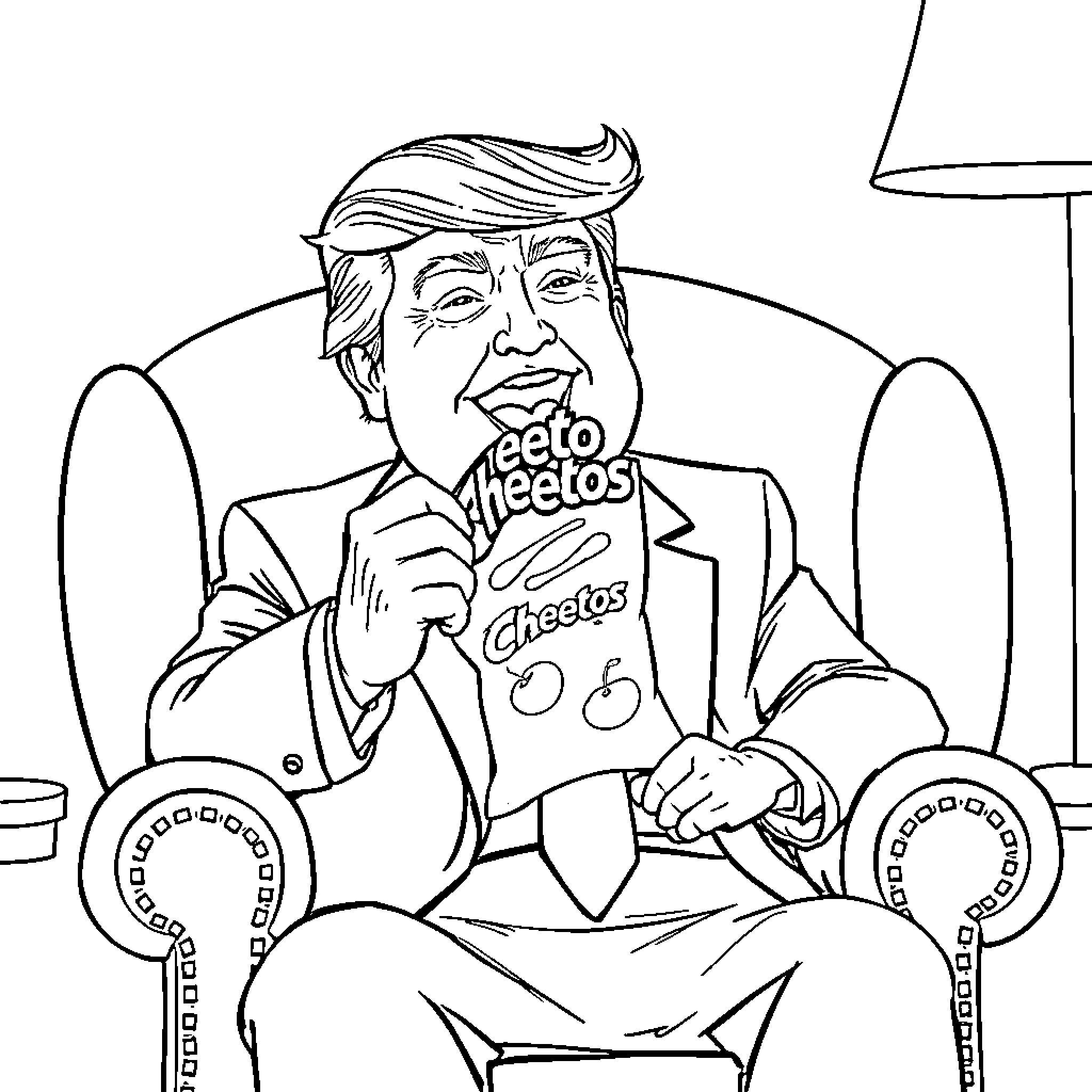 Trump enjoying a snack in the Oval Office Coloring Page (free black-and-white line drawing printable PDF for all, from beginners to advanced learners, including children, teens, adults, and seniors)