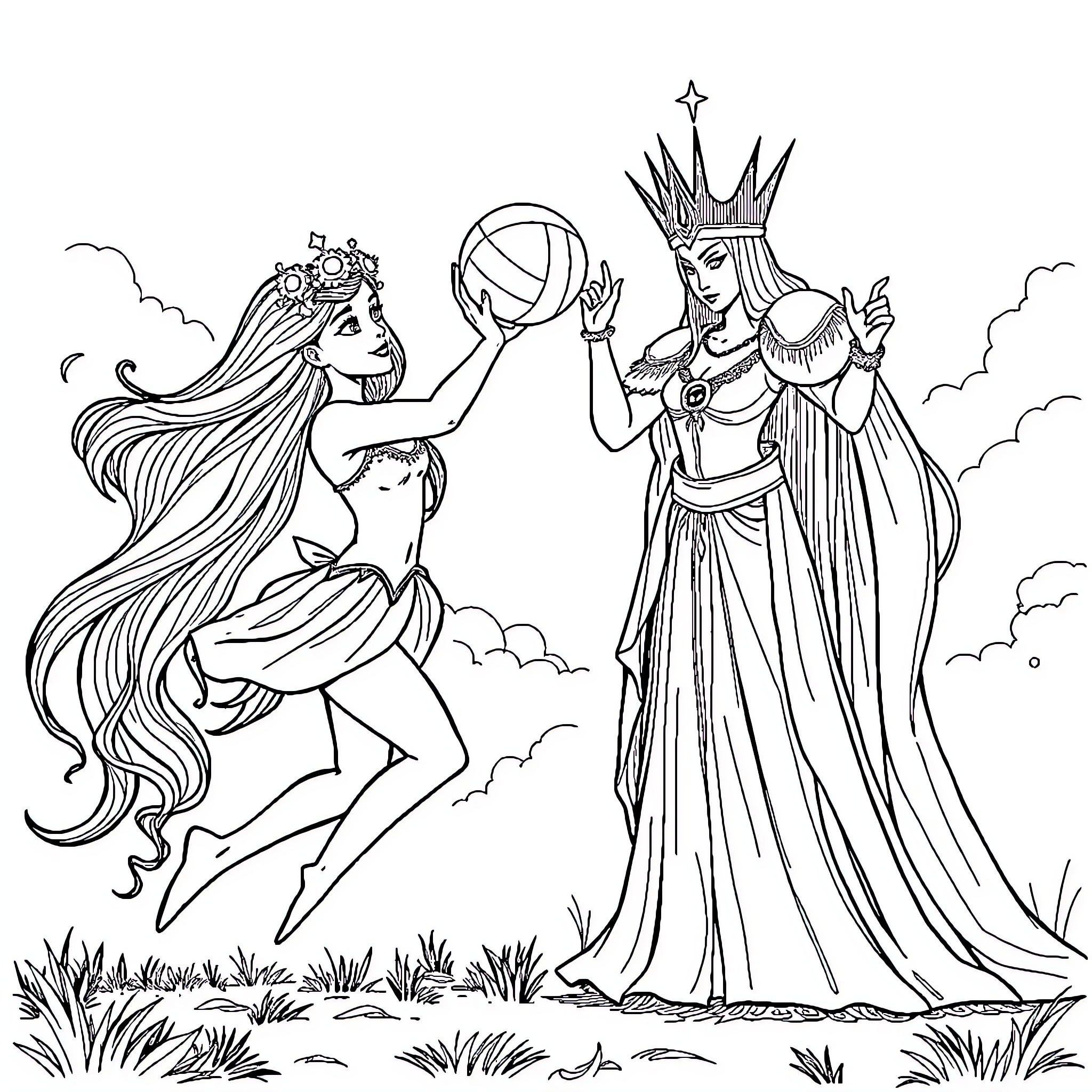 Princess Playing with Magic Ball and Queen Coloring Page (free black-and-white line drawing printable PDF for all, from beginners to advanced learners, including children, teens, adults, and seniors)