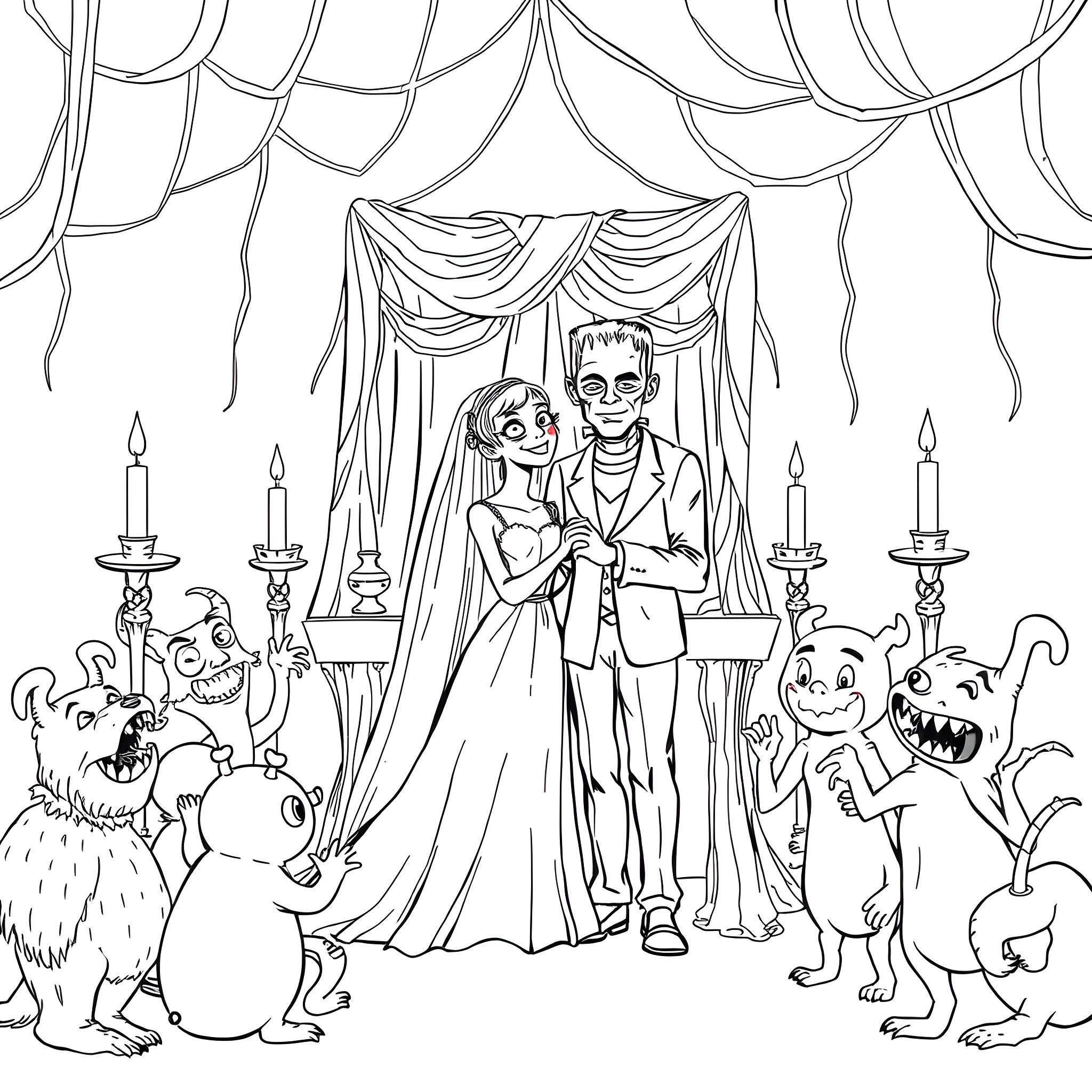 Frankenstein's Spooky Wedding Celebration Coloring Page (free black-and-white line drawing printable PDF for all, from beginners to advanced learners, including children, teens, adults, and seniors)