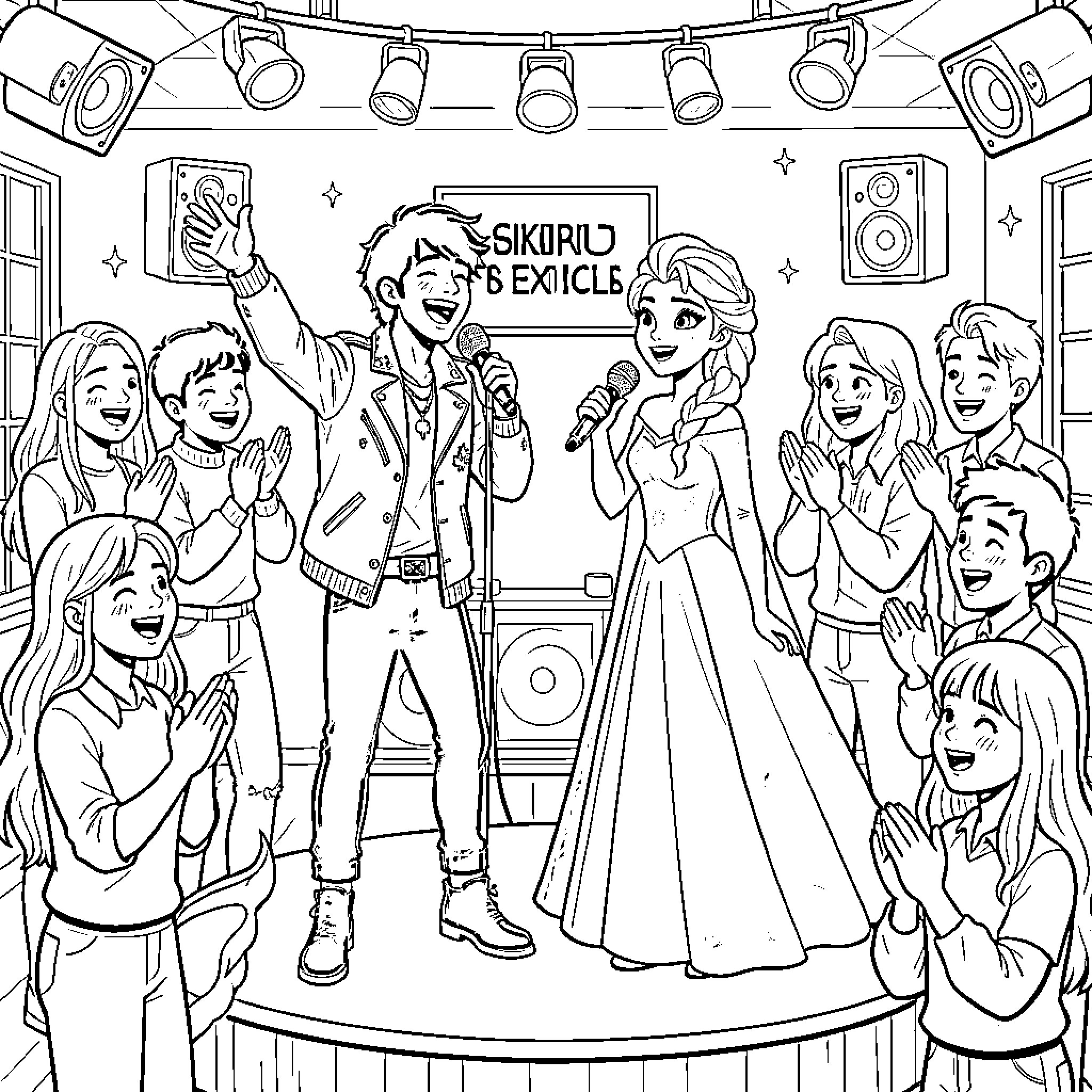 Rumi singing and performing on stage with friends Coloring Page (free black-and-white line drawing printable PDF for all, from beginners to advanced learners, including children, teens, adults, and seniors)