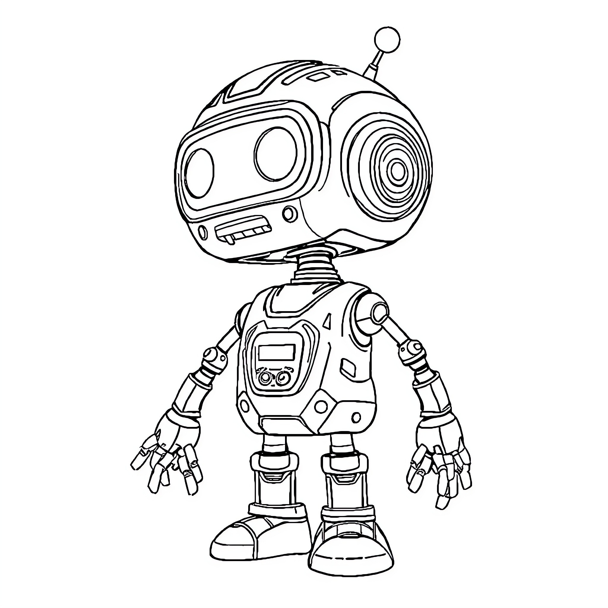 Educational Robot in Friendly Pose Coloring Page (free black-and-white line drawing printable PDF for all, from beginners to advanced learners, including children, teens, adults, and seniors)