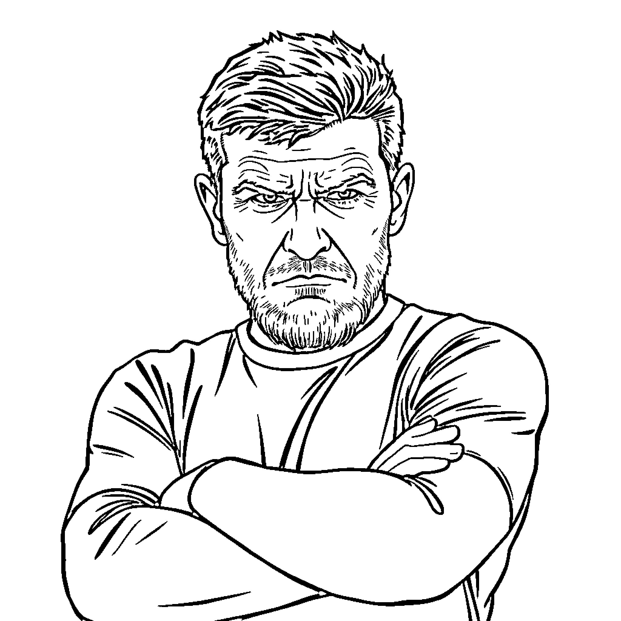 Roy Keane's Stern Expression and Crossed Arms Coloring Page (free black-and-white line drawing printable PDF for all, from beginners to advanced learners, including children, teens, adults, and seniors)