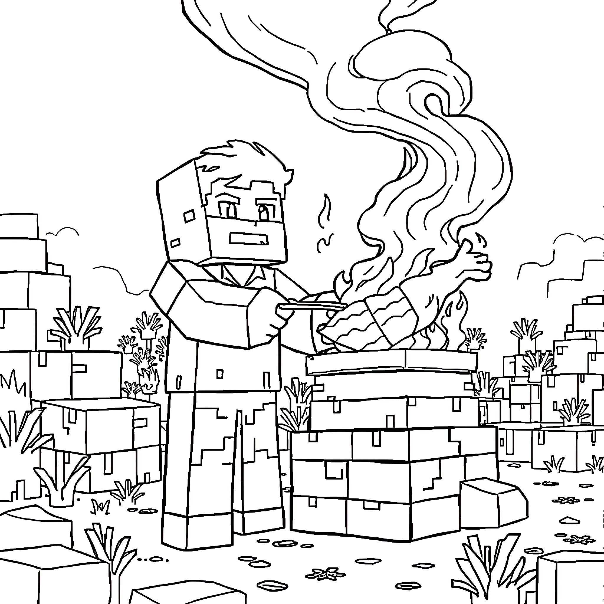 Steve's Adventurous Exploration in the Blocky World Coloring Page (free black-and-white line drawing printable PDF for all, from beginners to advanced learners, including children, teens, adults, and seniors)