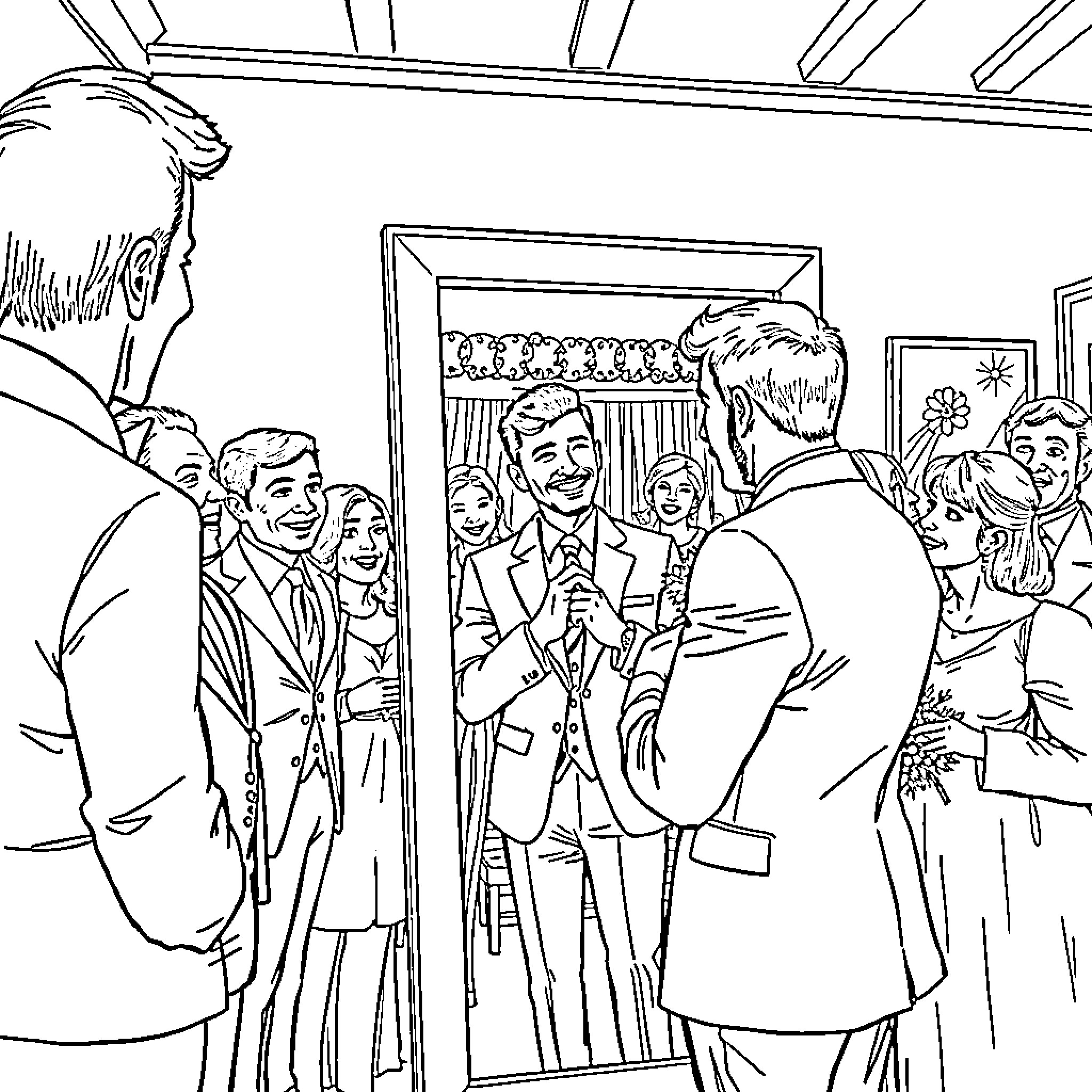 Groom sharing joyful moment with wedding guests Coloring Page (free black-and-white line drawing printable PDF for all, from beginners to advanced learners, including children, teens, adults, and seniors)