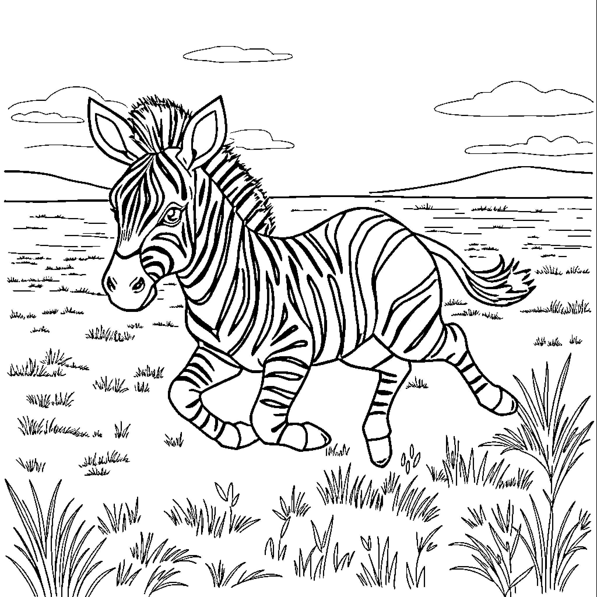 Zebra running through the grassy savanna Coloring Page (free black-and-white line drawing printable PDF for all, from beginners to advanced learners, including children, teens, adults, and seniors)