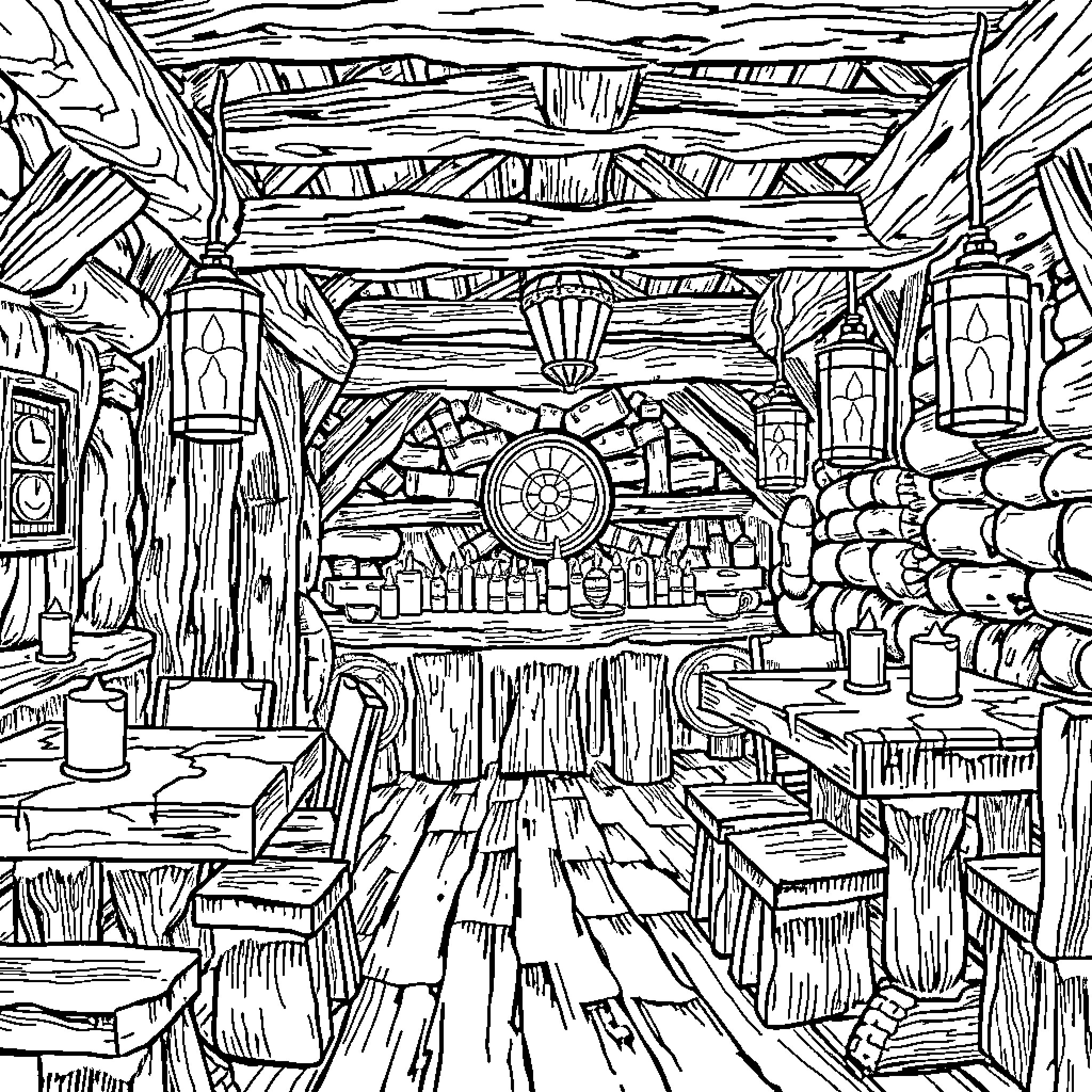 Tavern with Rustic Furnishings and Decorations Coloring Page (free black-and-white line drawing printable PDF for all, from beginners to advanced learners, including children, teens, adults, and seniors)
