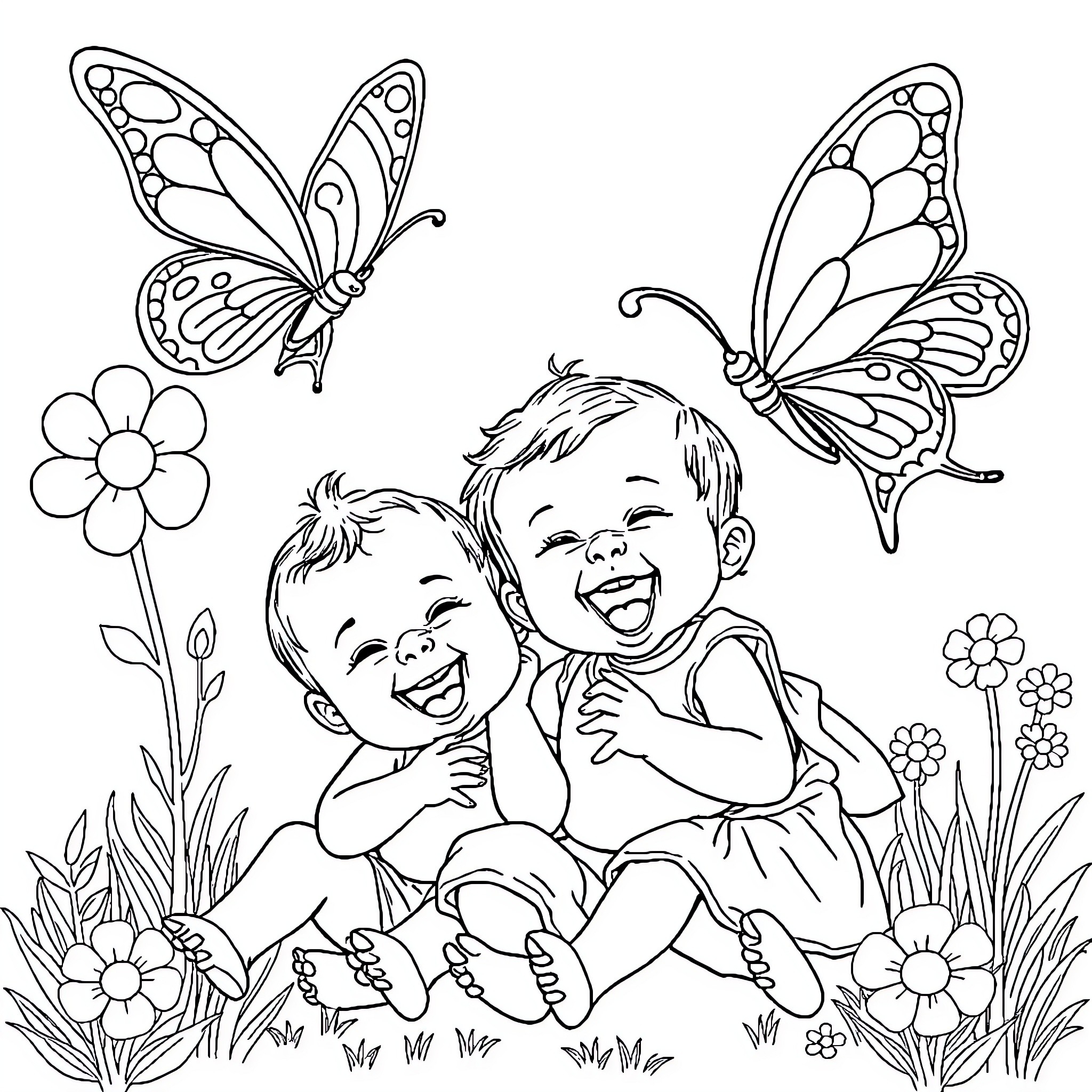 Baby Playing Happily with Butterflies in the Garden Coloring Page (free black-and-white line drawing printable PDF for all, from beginners to advanced learners, including children, teens, adults, and seniors)