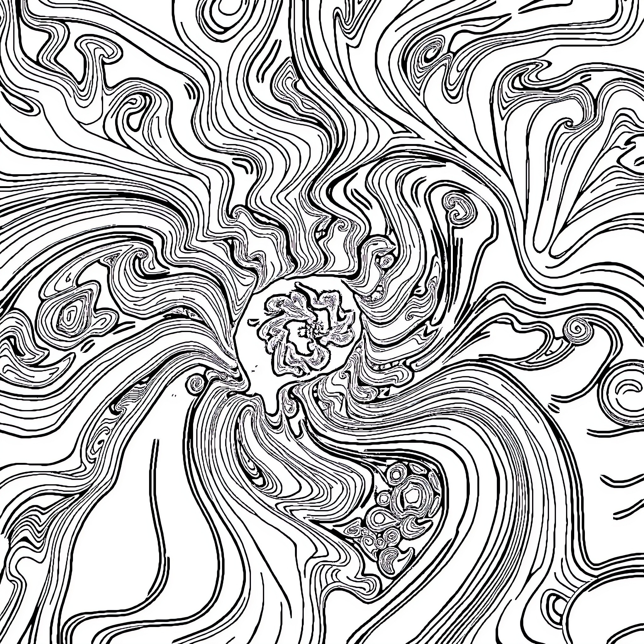 Fractal Swirling Patterns in Black and White Coloring Page (free black-and-white line drawing printable PDF for all, from beginners to advanced learners, including children, teens, adults, and seniors)