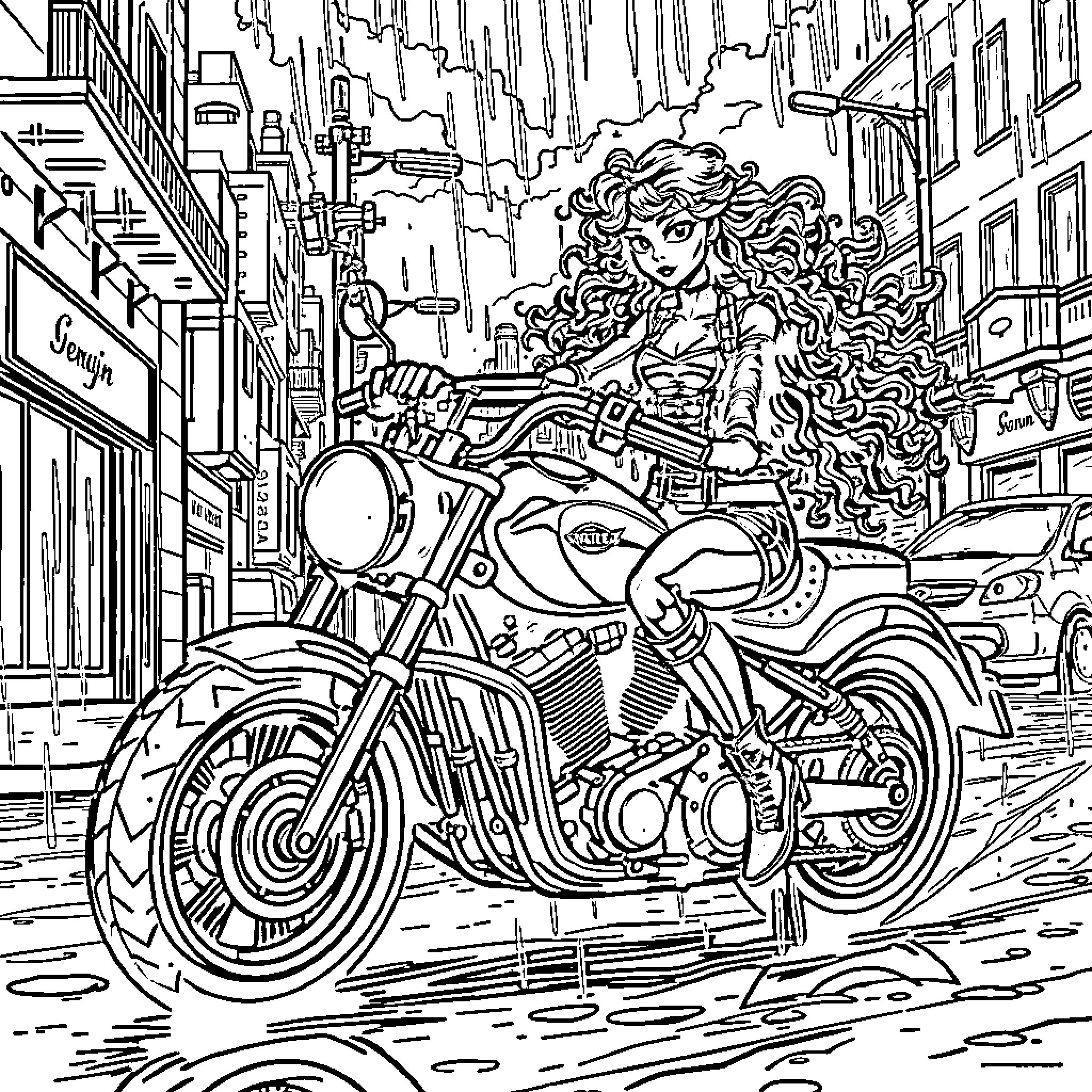Girl riding motorcycle through city streets Coloring Page (free black-and-white line drawing printable PDF for all, from beginners to advanced learners, including children, teens, adults, and seniors)