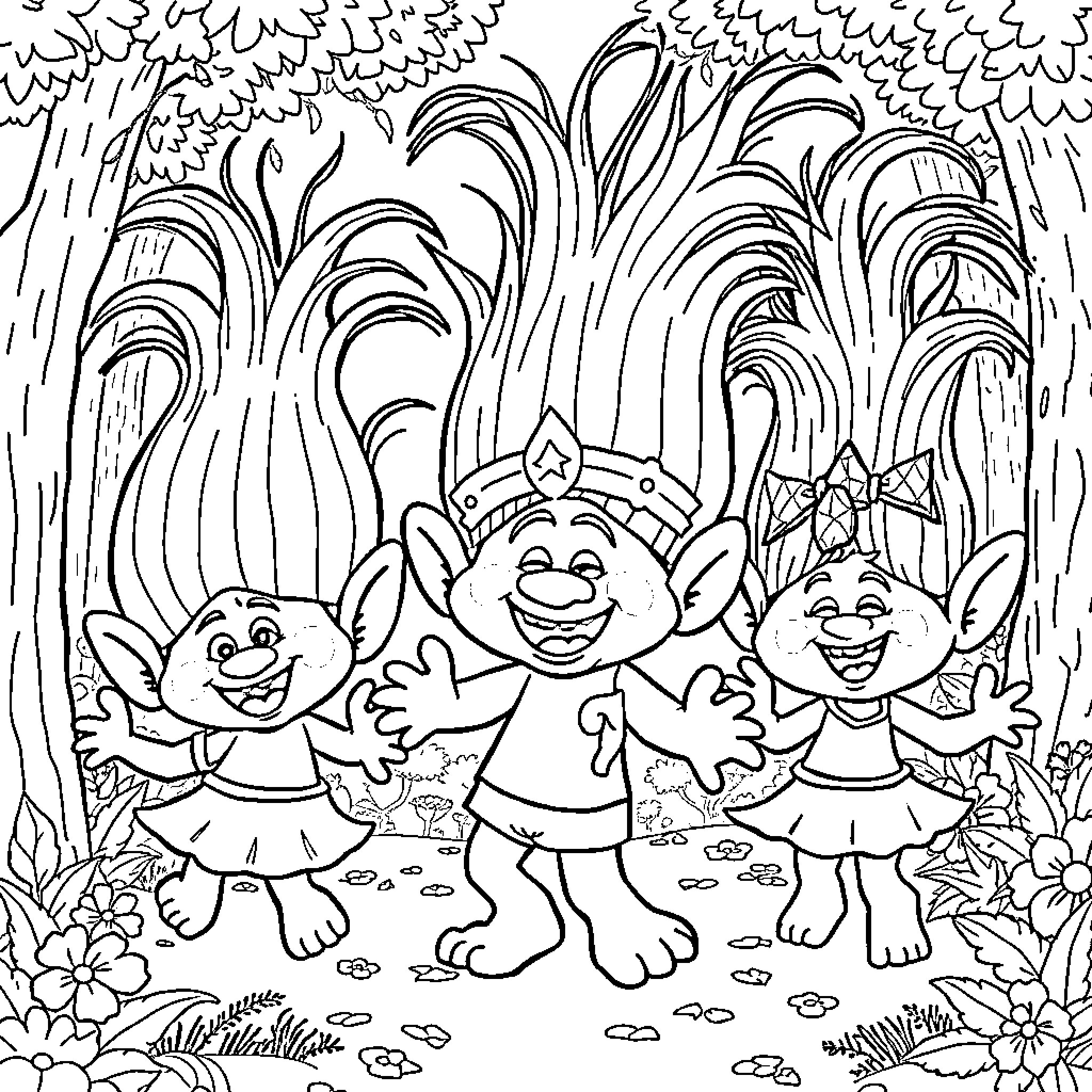 Troll characters in a magical forest scene Coloring Page (free black-and-white line drawing printable PDF for all, from beginners to advanced learners, including children, teens, adults, and seniors)