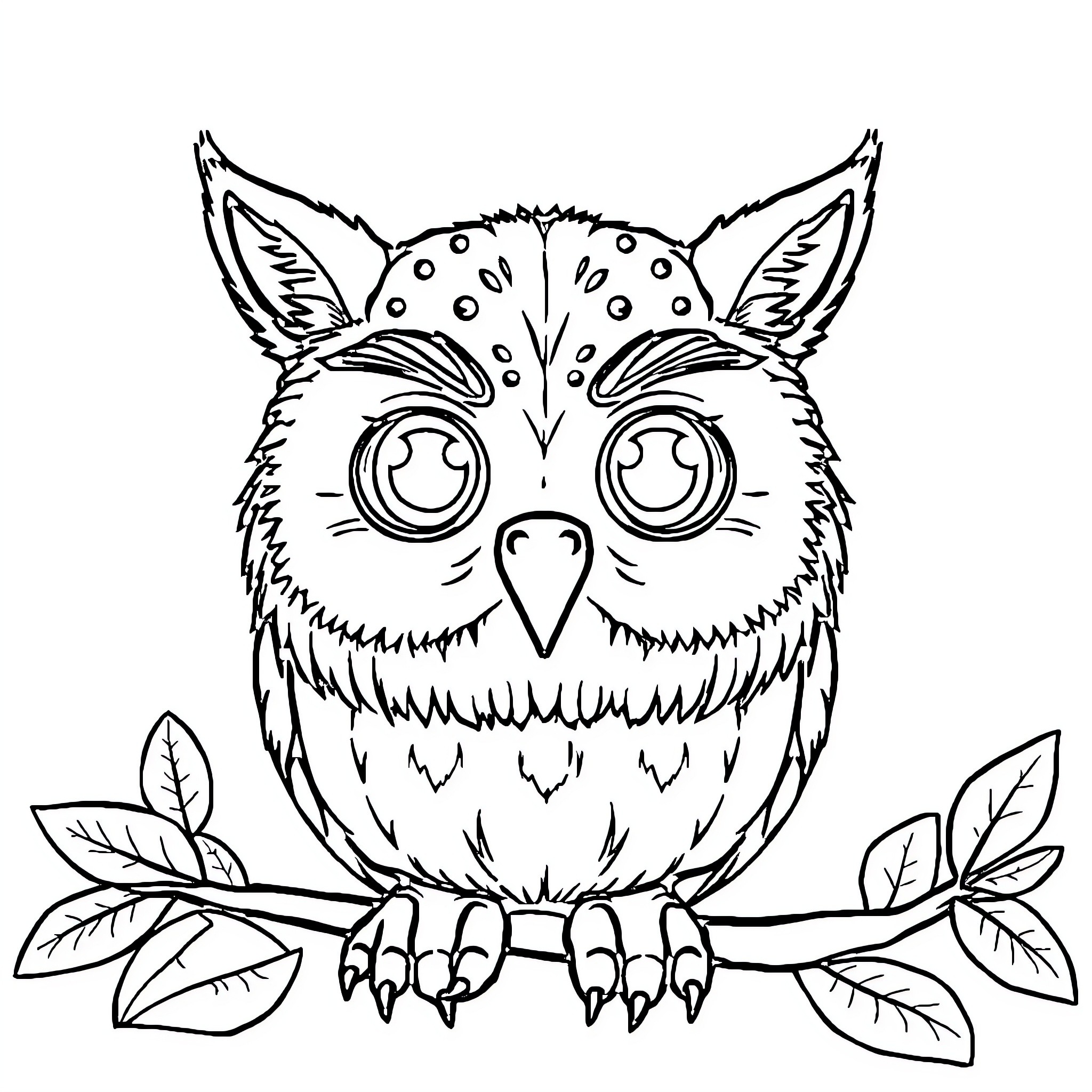 Banana the Quirky Owl on a Leafy Branch Coloring Page (free black-and-white line drawing printable PDF for all, from beginners to advanced learners, including children, teens, adults, and seniors)