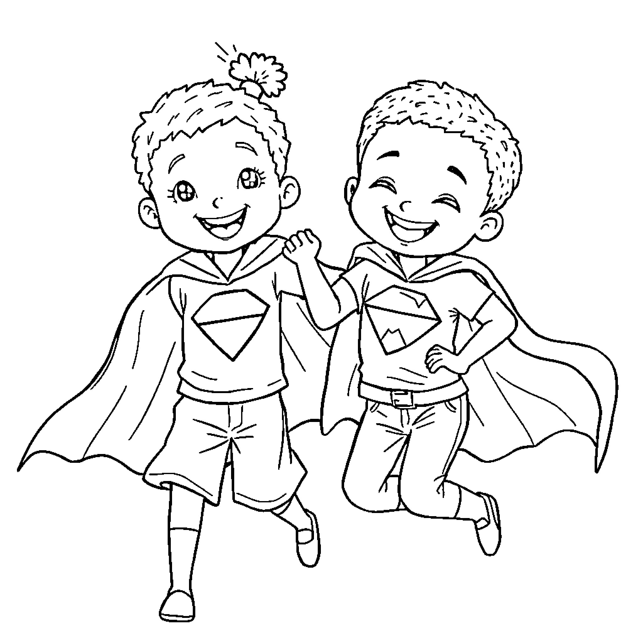 Child superhero friends in costume playing together Coloring Page (free black-and-white line drawing printable PDF for all, from beginners to advanced learners, including children, teens, adults, and seniors)