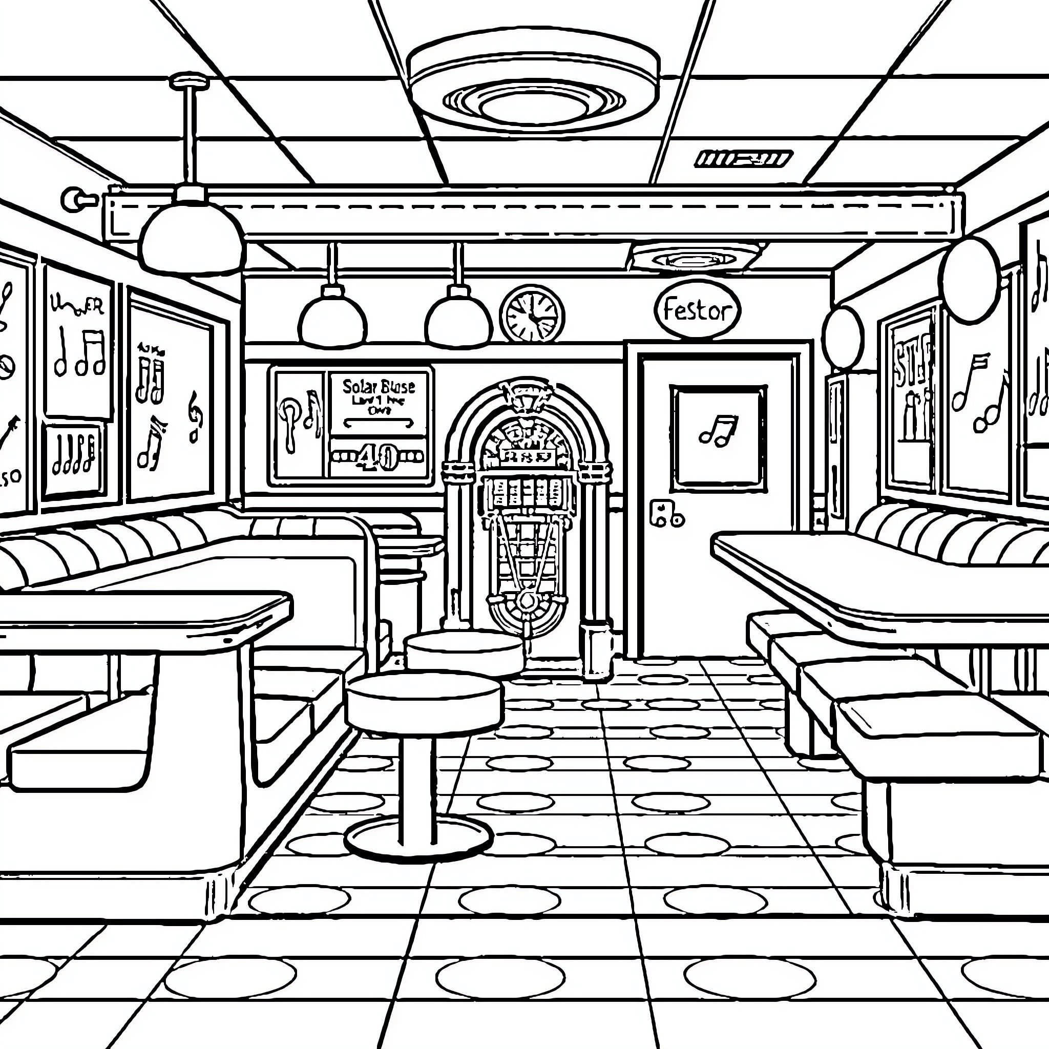Soda Shop with Retro Decor and Seating Coloring Page (free black-and-white line drawing printable PDF for all, from beginners to advanced learners, including children, teens, adults, and seniors)
