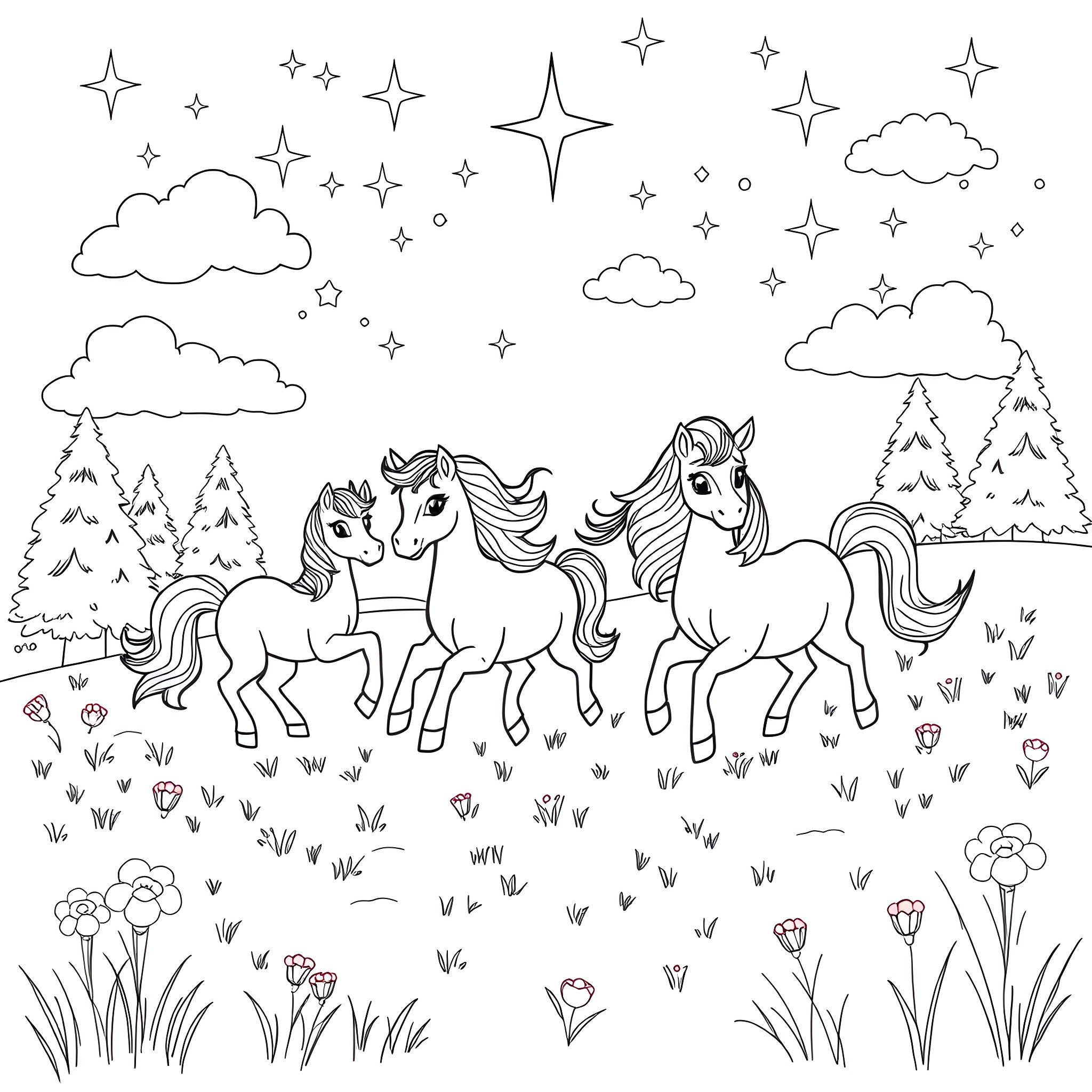 Pony Ponies Frolicking in Enchanting Meadow Coloring Page (free black-and-white line drawing printable PDF for all, from beginners to advanced learners, including children, teens, adults, and seniors)