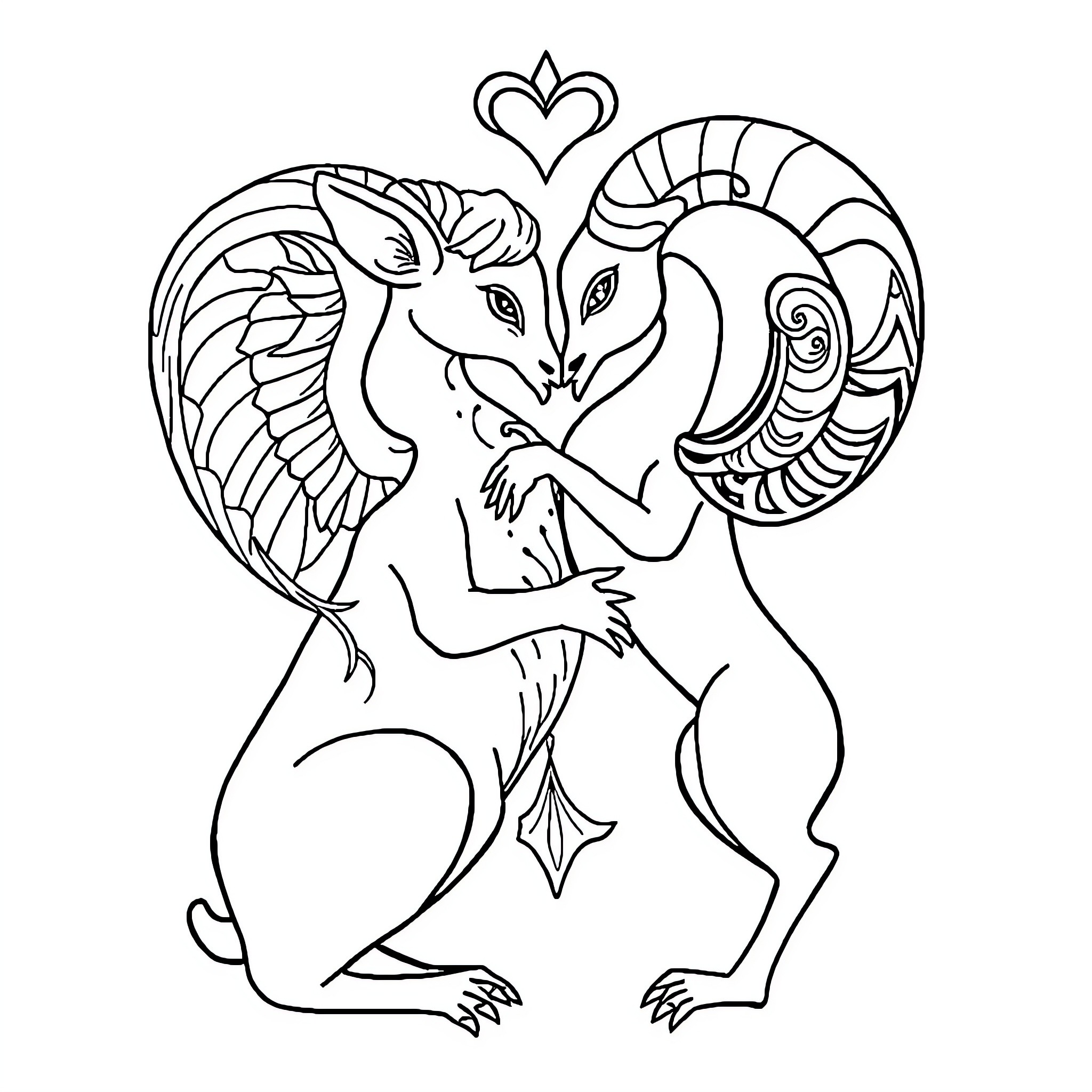 Celtic Love Symbol of Embracing Mythical Creatures Coloring Page (free black-and-white line drawing printable PDF for all, from beginners to advanced learners, including children, teens, adults, and seniors)