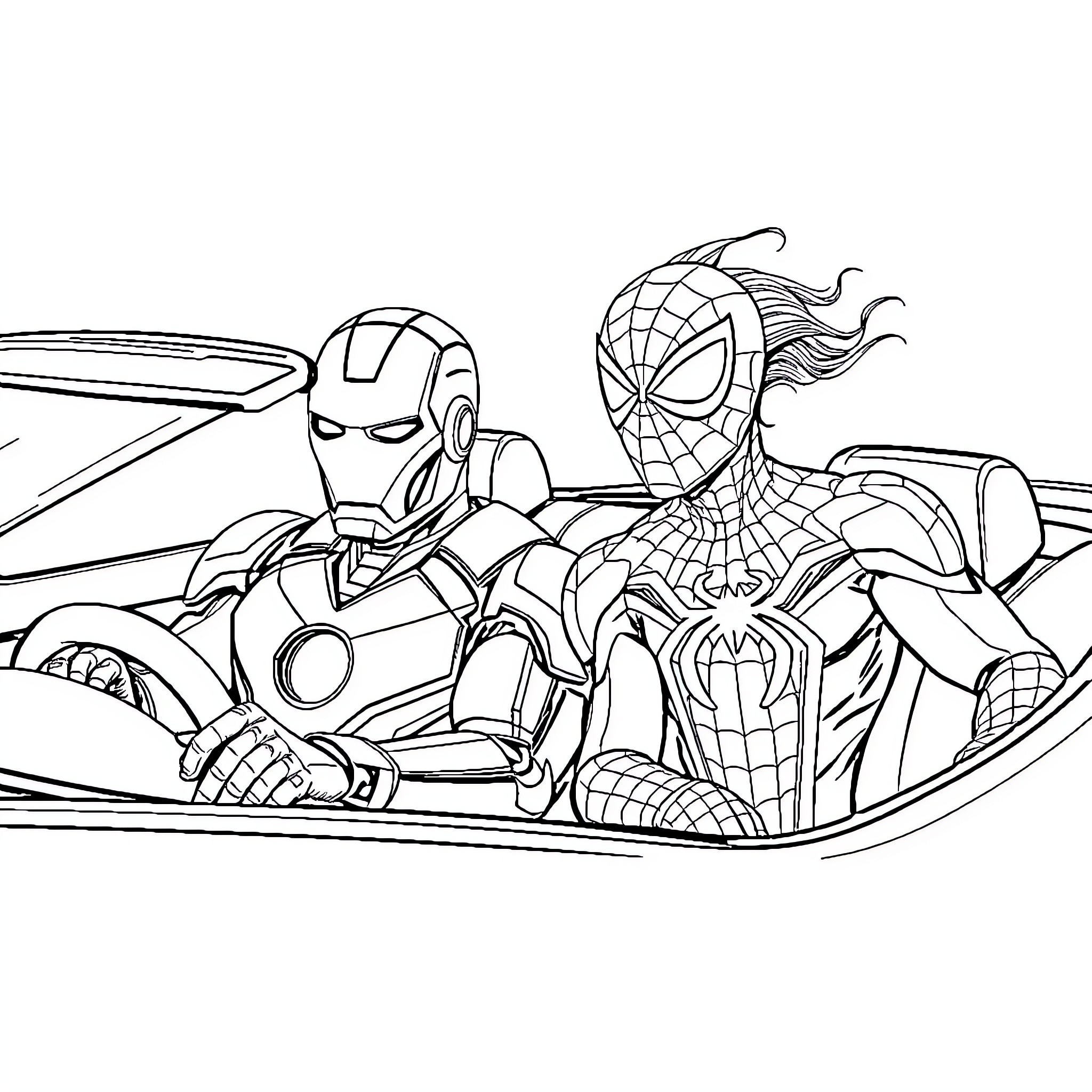 Ironman and Spiderman in heroic action Coloring Page (free black-and-white line drawing printable PDF for all, from beginners to advanced learners, including children, teens, adults, and seniors)