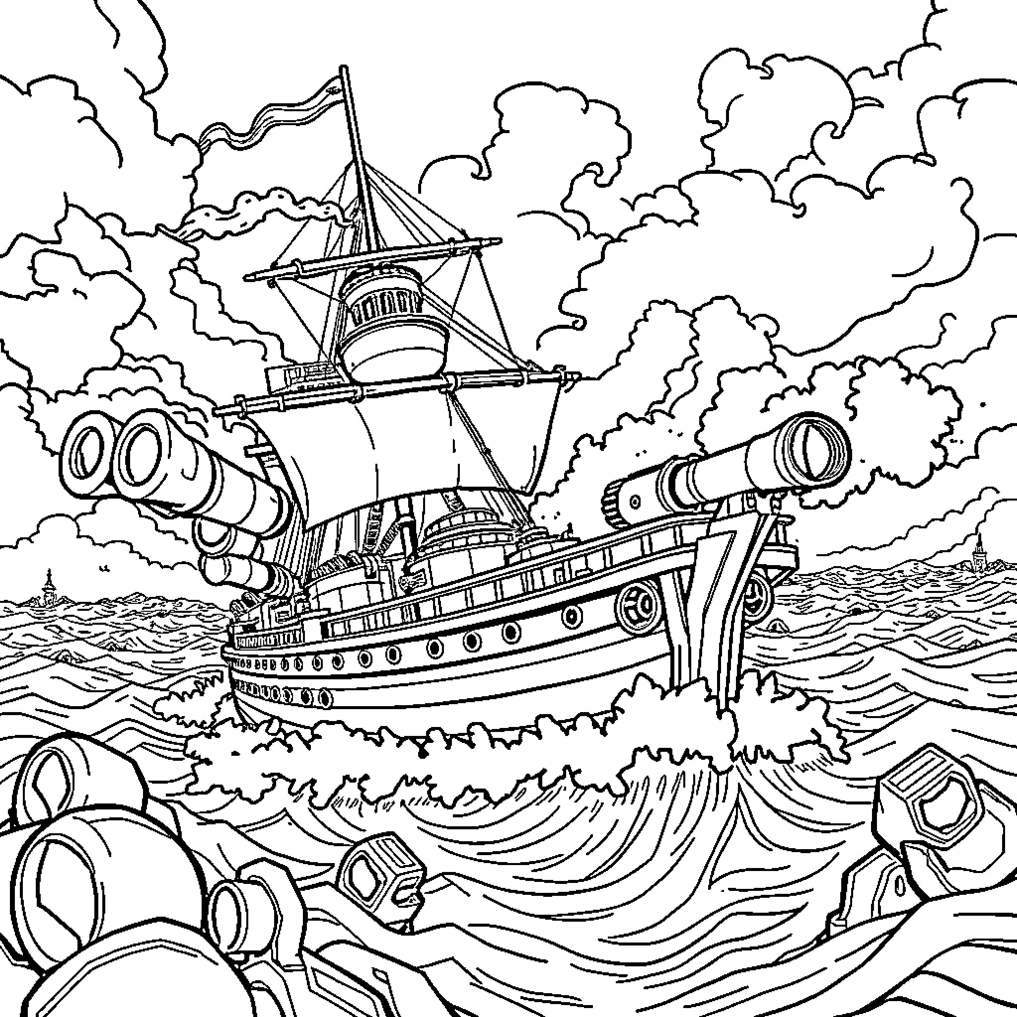 Ship Navigating Stormy Seas with Cannons and Flags Coloring Page (free black-and-white line drawing printable PDF for all, from beginners to advanced learners, including children, teens, adults, and seniors)