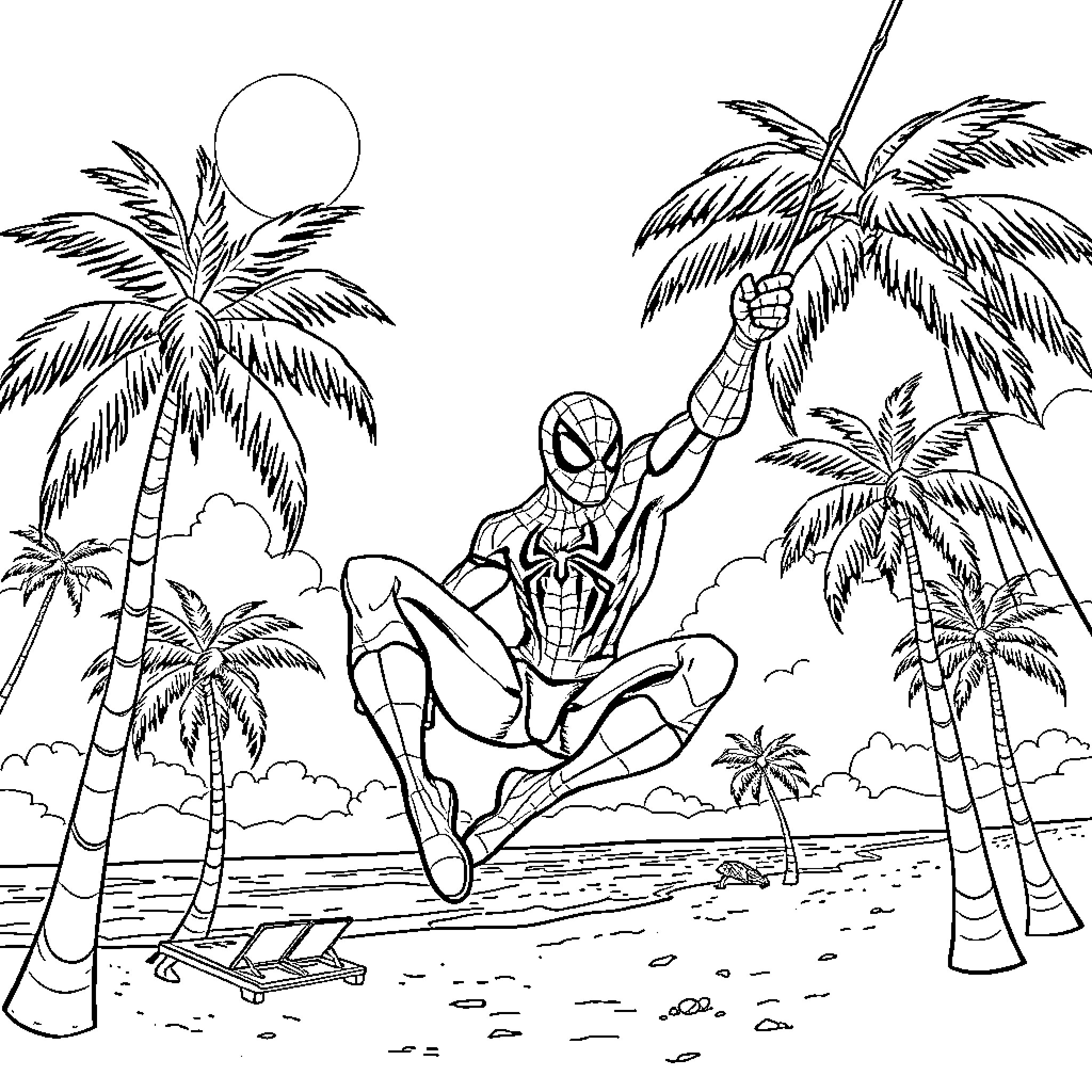 Spiderman swinging through tropical paradise Coloring Page (free black-and-white line drawing printable PDF for all, from beginners to advanced learners, including children, teens, adults, and seniors)