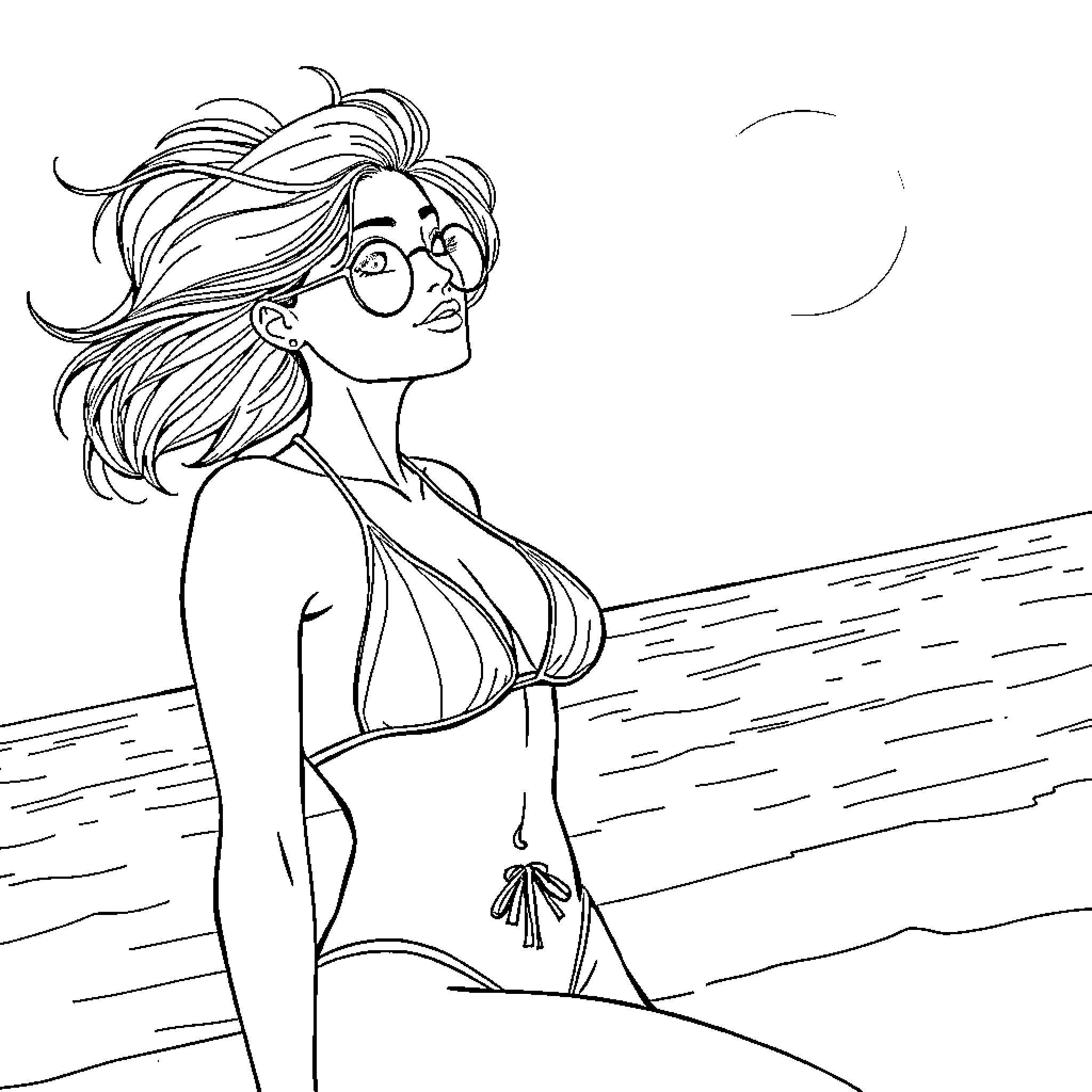 Girl in Bikini Enjoying the Beach Coloring Page (free black-and-white line drawing printable PDF for all, from beginners to advanced learners, including children, teens, adults, and seniors)